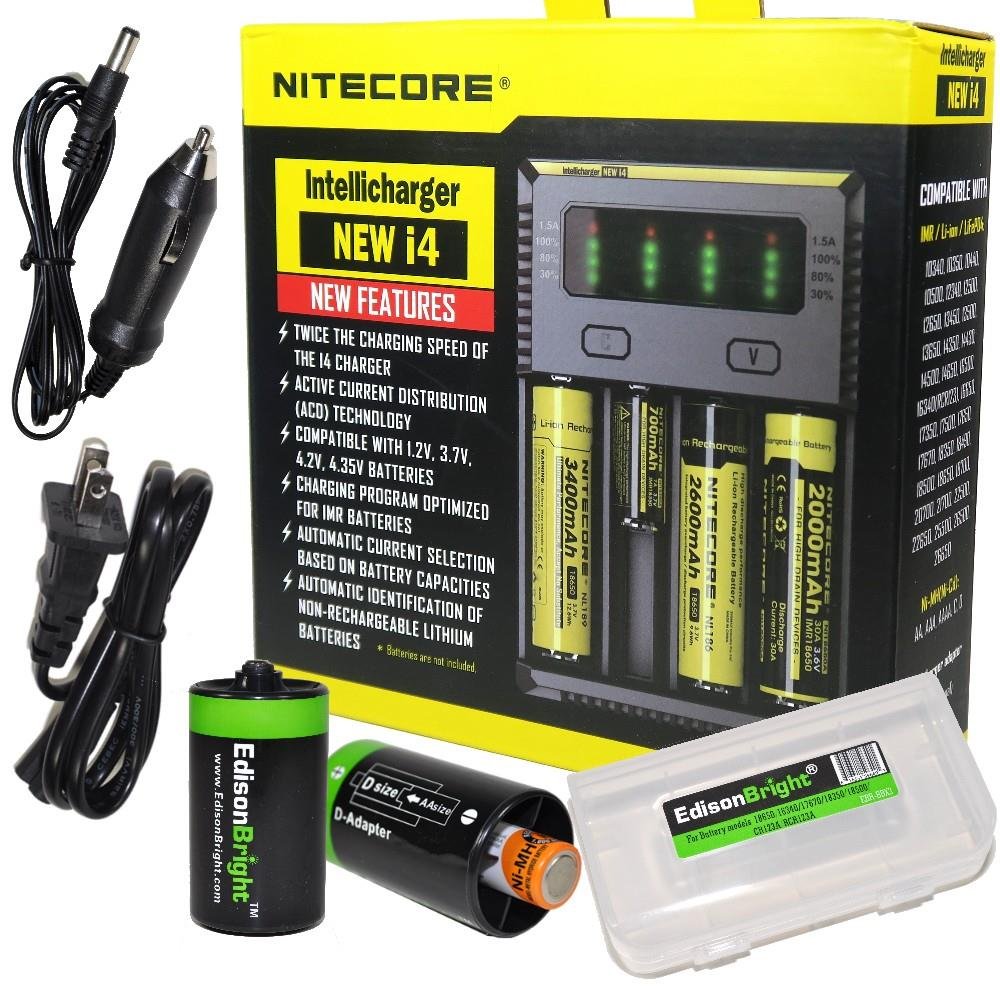 NITECORE New i4 Universal Battery Charger for Li-ion, IMR, Ni-MH, Ni-Cd - Compatible with 18650, 18350, 16340, RCR123, 14500, AA, AAA, C, D Batteries - Includes AC/DC Power Cords & EdisonBright BBX3 Battery Box - Perfect for Home, Office, Travel, and Emergency Power Backup