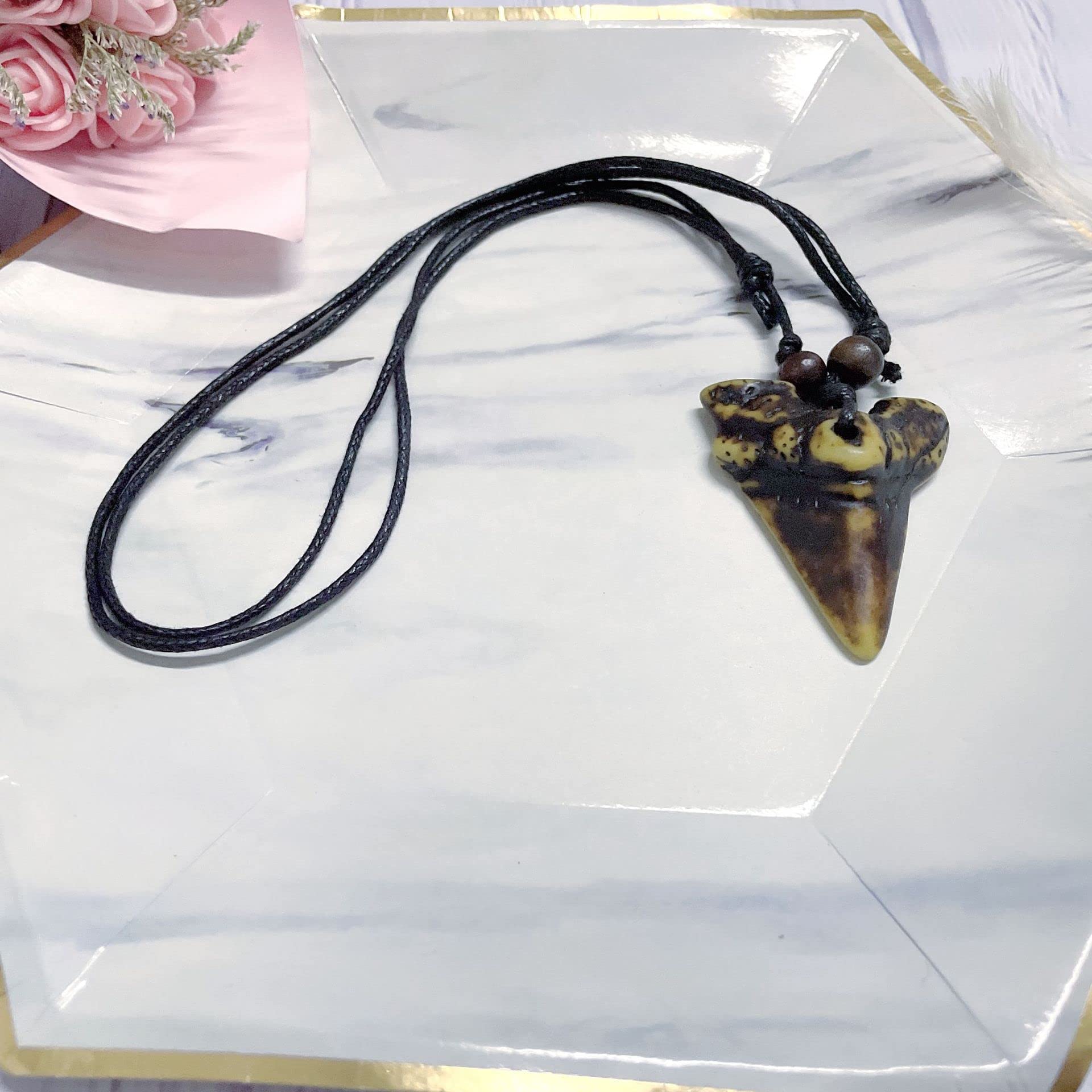 2-Piece Shark Tooth Pendant Necklace Set - Wax Rope & Leather Surfer Necklaces for Men & Women - Beach Resin Tooth Shaped Jewelry - Perfect for Summer, Surfing, Beach Parties and Boho Fashion Accessories