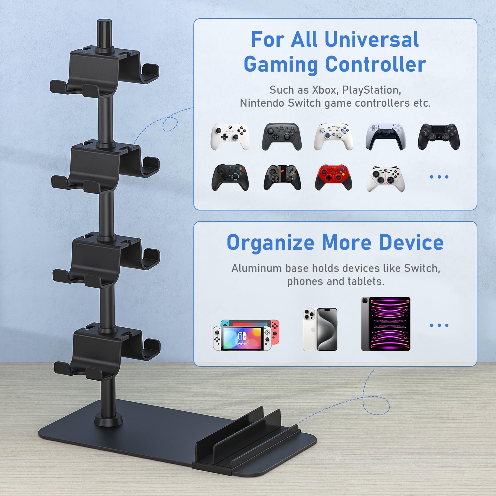Xbox PS5 PS4 Switch Controller Holder Stand - 8 Gaming Controller Organizer Rack for Desk with Headset/iPad/Phone Storage - Perfect Gaming Room Accessories & Gifts for Gamers - Ideal for Game Room Setup, Streaming Station & Console Organization