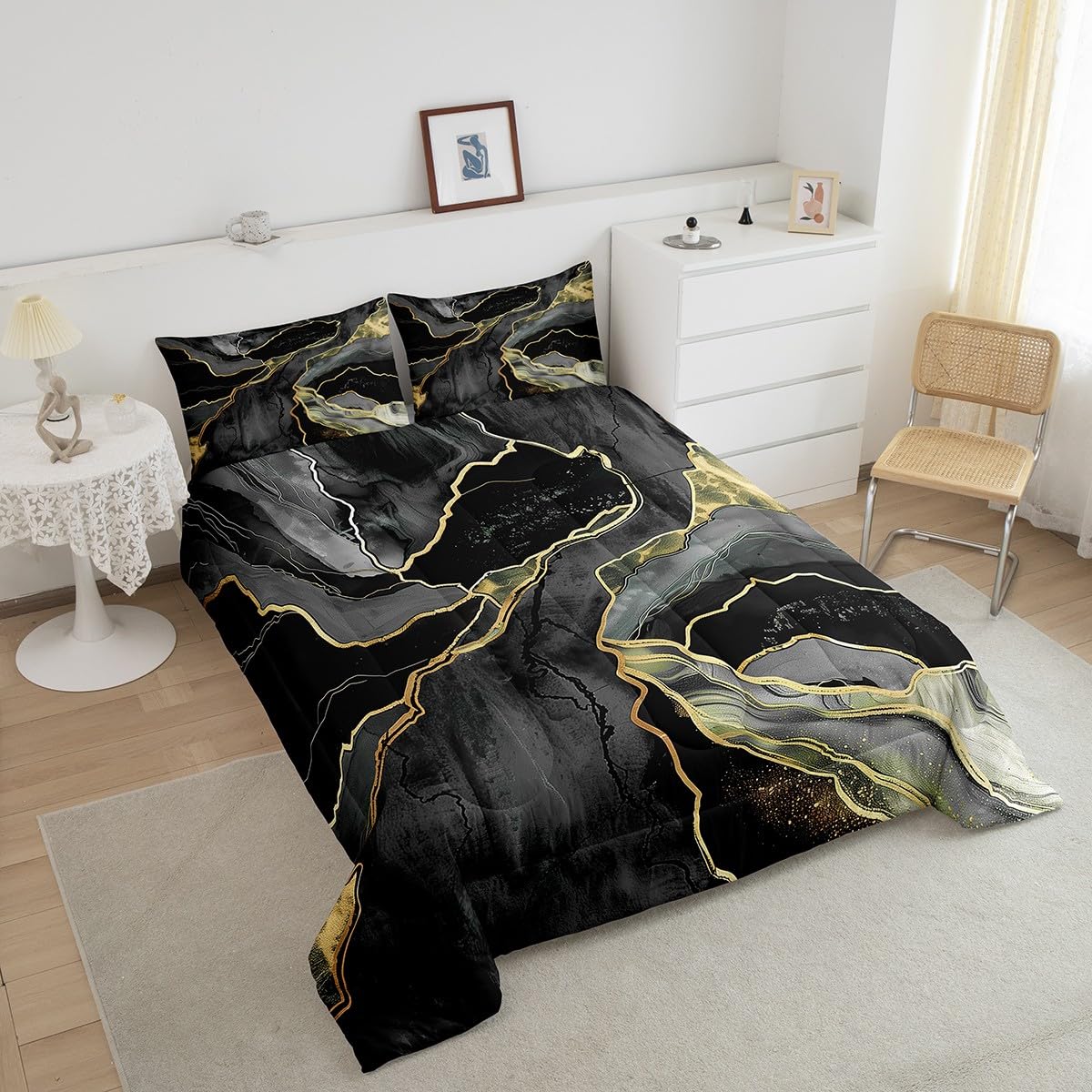 Luxury Black Gray Comforter Set with Marble Gold Sequins - Twin Size Bedding Set for Kids, Boys, Girls & Teens | Soft Lightweight Duvet Cover with Abstract Marble Texture Print | Includes 1 Pillowcase | Perfect for Bedroom Decor, Gift Ideas & Cozy Sleep