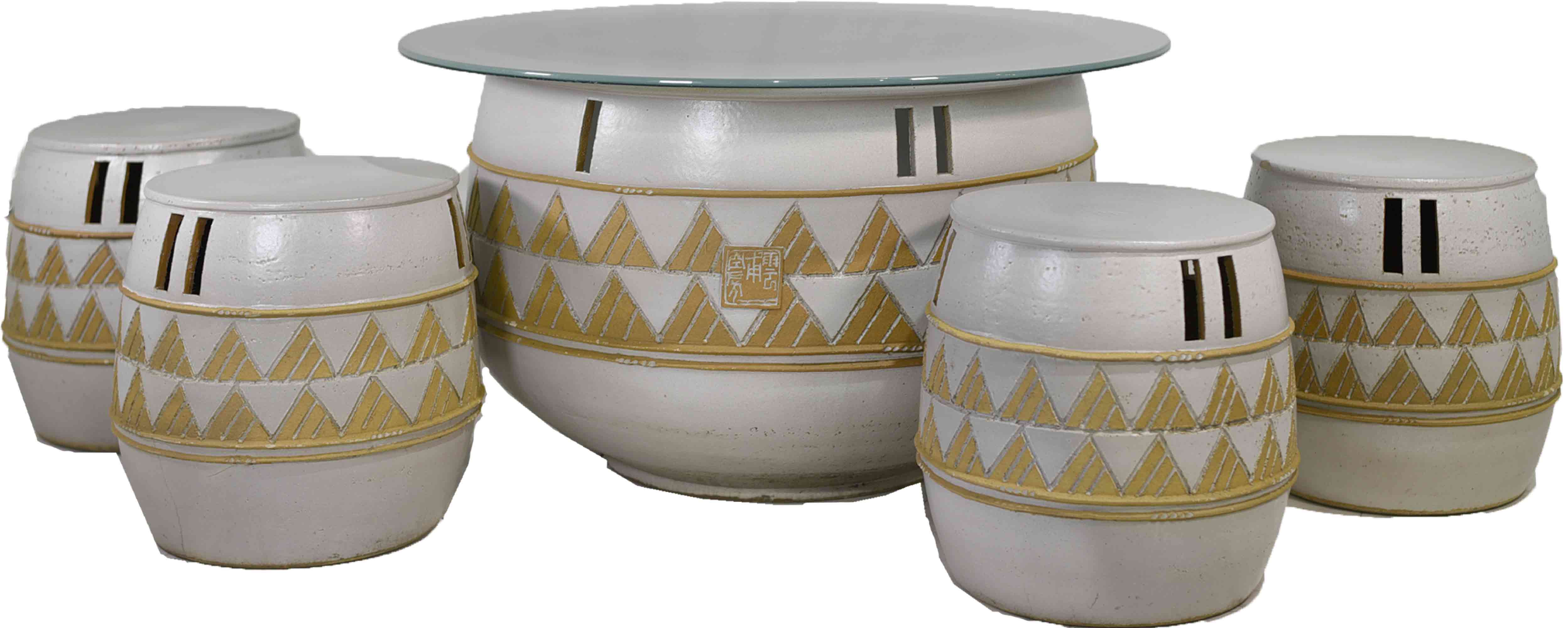 Vintage Korean Ceramic Table Set with 4 Stools - Handcrafted by Woon Bo Ceramic Lab Kim Ki Chang - Perfect for Patio, Garden, Dining Room & Indoor Decor
