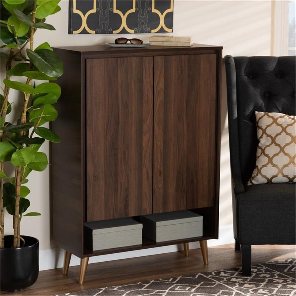 BOWERY HILL Mid-Century Modern 2-Door Shoe Storage Cabinet - Solid Wood Entryway Organizer with Adjustable Shelves, Brown - Perfect for Small Spaces, Hallways & Closet Organization