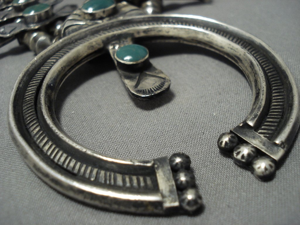 Vintage 1940s Navajo Sterling Silver Squash Blossom Necklace with Green Turquoise - Authentic Native American Jewelry for Women, Boho Fashion Accessory, Wedding Gift & Southwest Style Statement