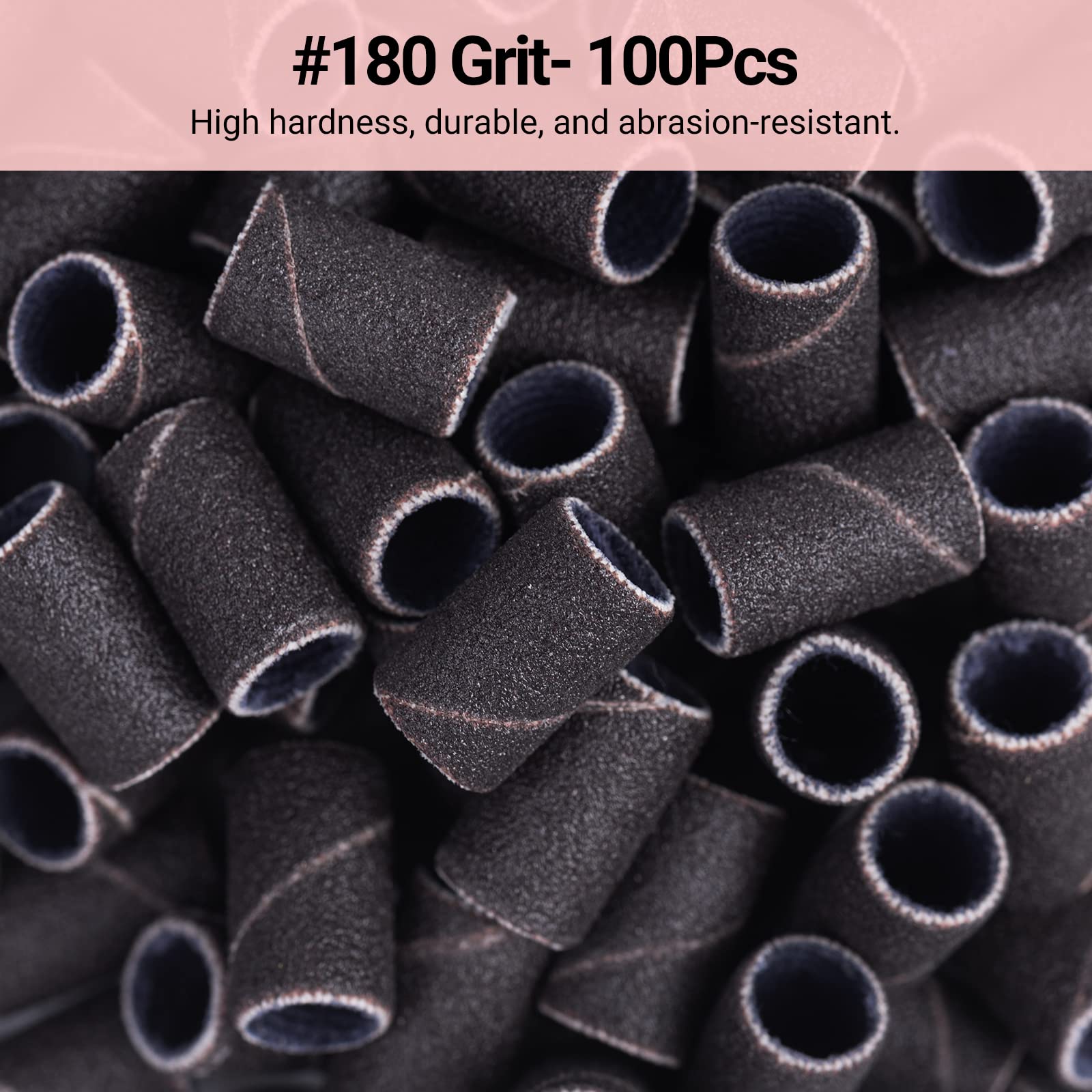 MelodySusie 100 Pcs Nail Drill Bits Sanding Bands - 180 Fine Grit Nail File Sanding Bands for Acrylic Nails, Gel Manicures & Pedicures - Professional Nail Art Tools for Salon & Home Use