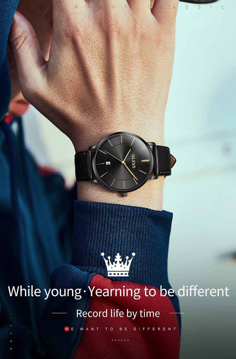 OLEVS Men's Ultra Thin Minimalist Dress Watch - Slim Analog Quartz Watch with Date, Big Face & Leather Band - Waterproof Casual Wristwatch for Business, Office & Formal Occasions