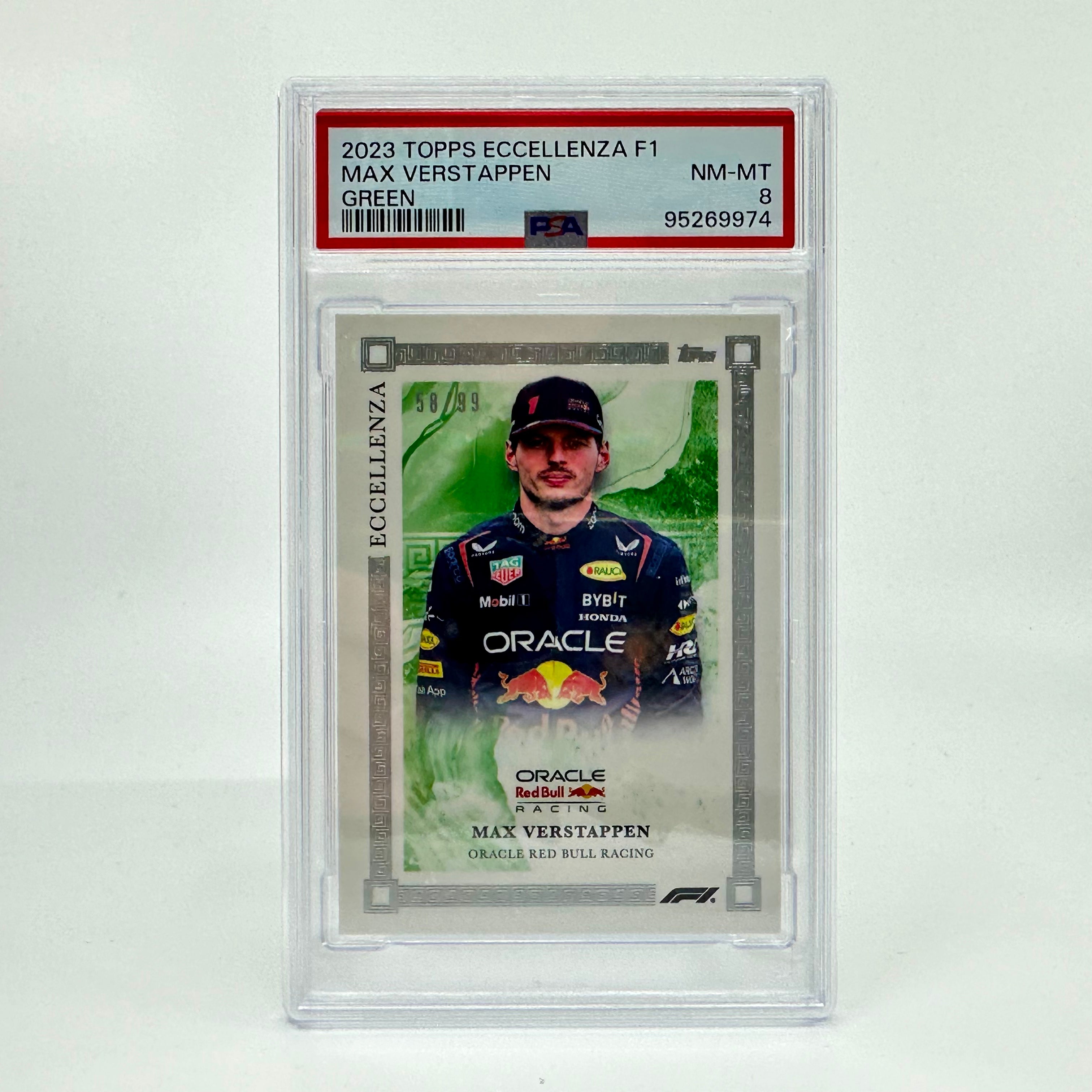 2023 Max Verstappen Green Eccellenza PSA 8 Graded Card 58/99 - Perfect for F1 Collectors, Racing Fans & Sports Memorabilia Displays