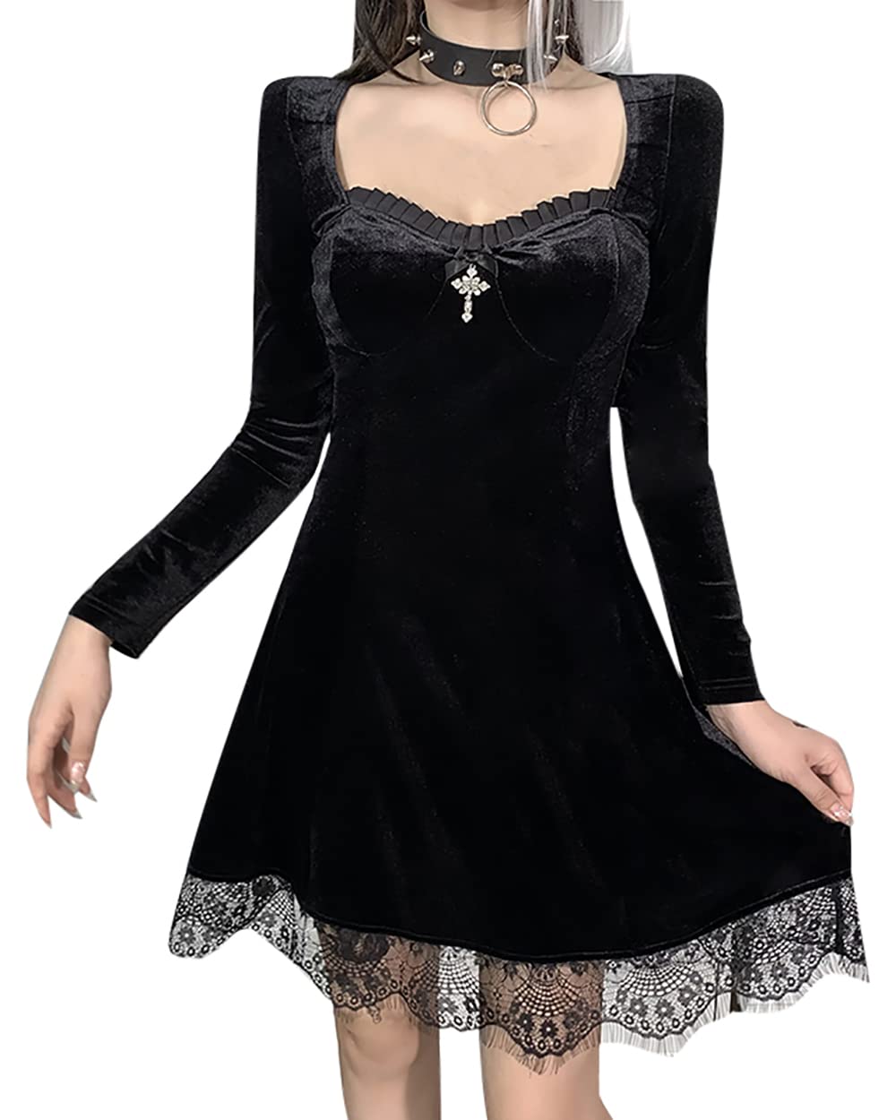Kisswow Gothic Long Sleeve Dress for Women | Elegant Egirl Lolita Style | Perfect for Halloween, Cosplay & Dark Aesthetic Fashion