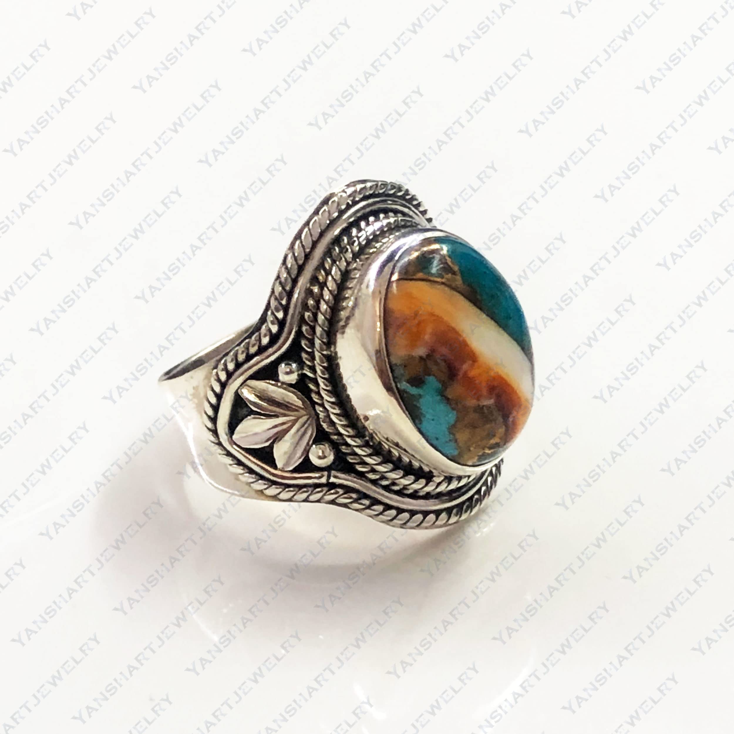 Handmade 925 Sterling Silver Natural Turquoise Ring - Oval Oyster Copper Turquoise December Birthstone Jewelry for Women - Perfect Promise Ring, Wedding Band & Gift for Anniversary, Valentine's Day
