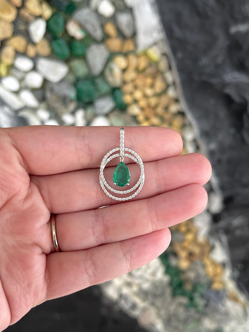 2.40tcw 14K Gold Pear Cut Emerald & Diamond Halo Pendant Necklace - Elegant Jewelry for Women, Perfect for Weddings, Anniversaries & Special Occasions