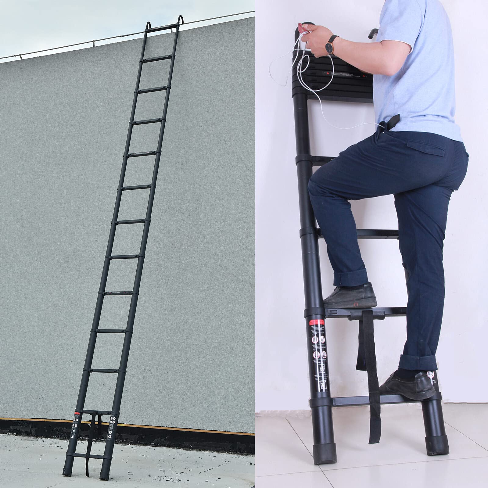 12.5FT Aluminum Telescoping Extension Ladder - EN131 Certified Folding Attic Ladder with 2 Detachable Hooks & Non-Slip Strap - Multi-Purpose Indoor/Outdoor Use for Home, Loft, Warehouse & DIY Projects