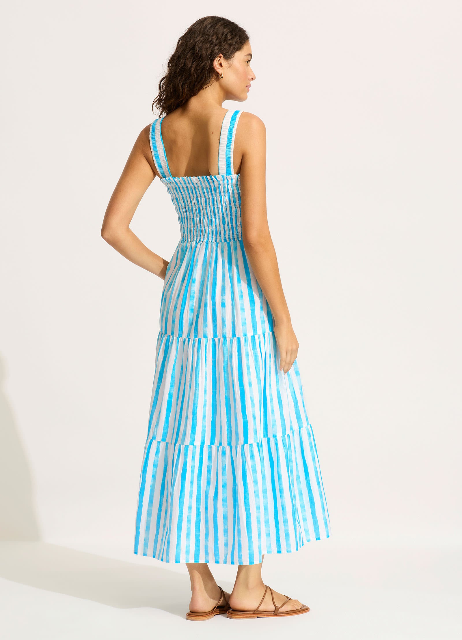 Stylish Shirred Midi Dress in Turquoise - Perfect for Summer Outings, Beach Vacations & Casual Dates