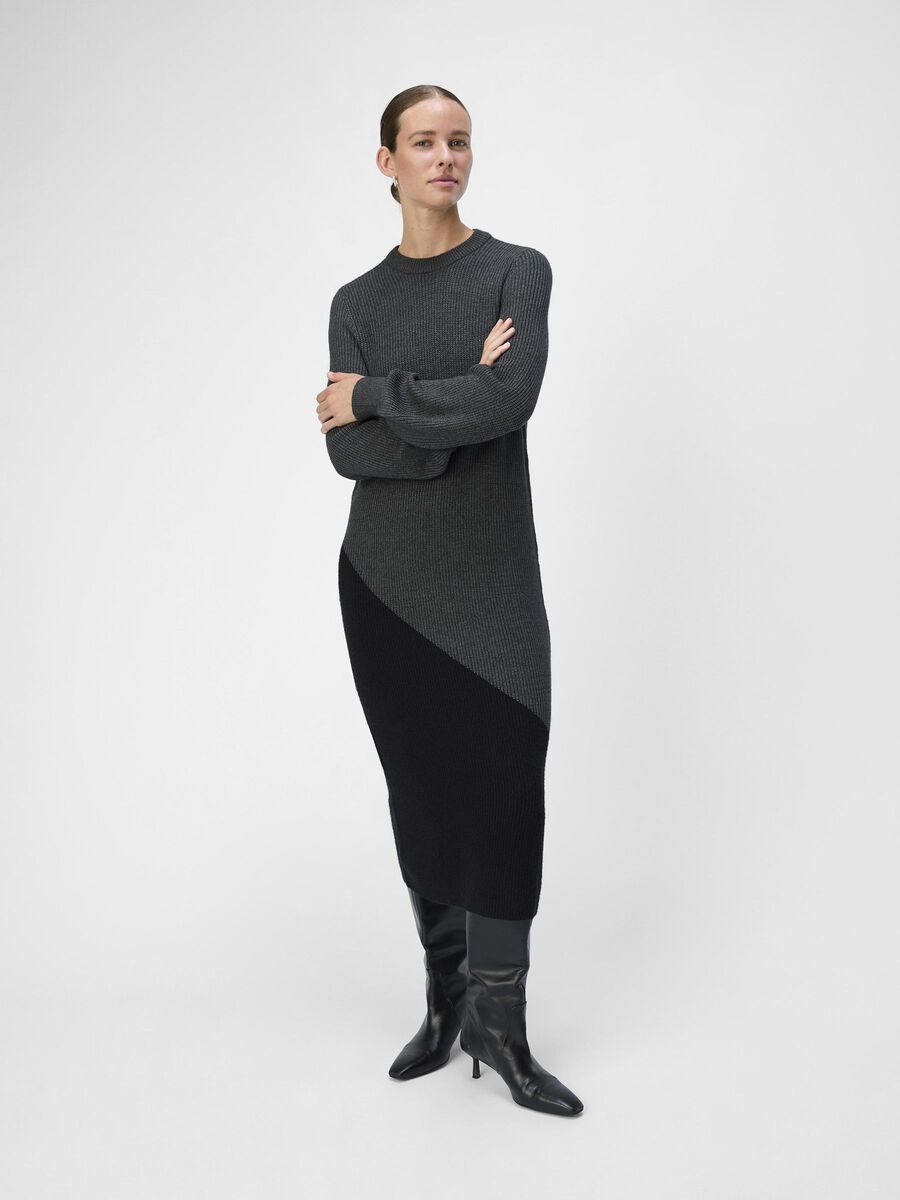 Elegant ITA Knitted Midi Dress in Dark Grey & Black - Perfect for Casual Outings, Office Wear & Date Nights