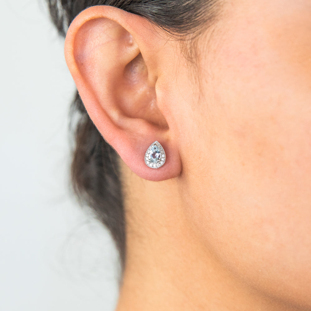 9ct White Gold 1/3ct Aquamarine & 0.15ct Diamond Pear Halo Stud Earrings for Women - Elegant Jewelry Gift for Wedding, Anniversary & Special Occasions