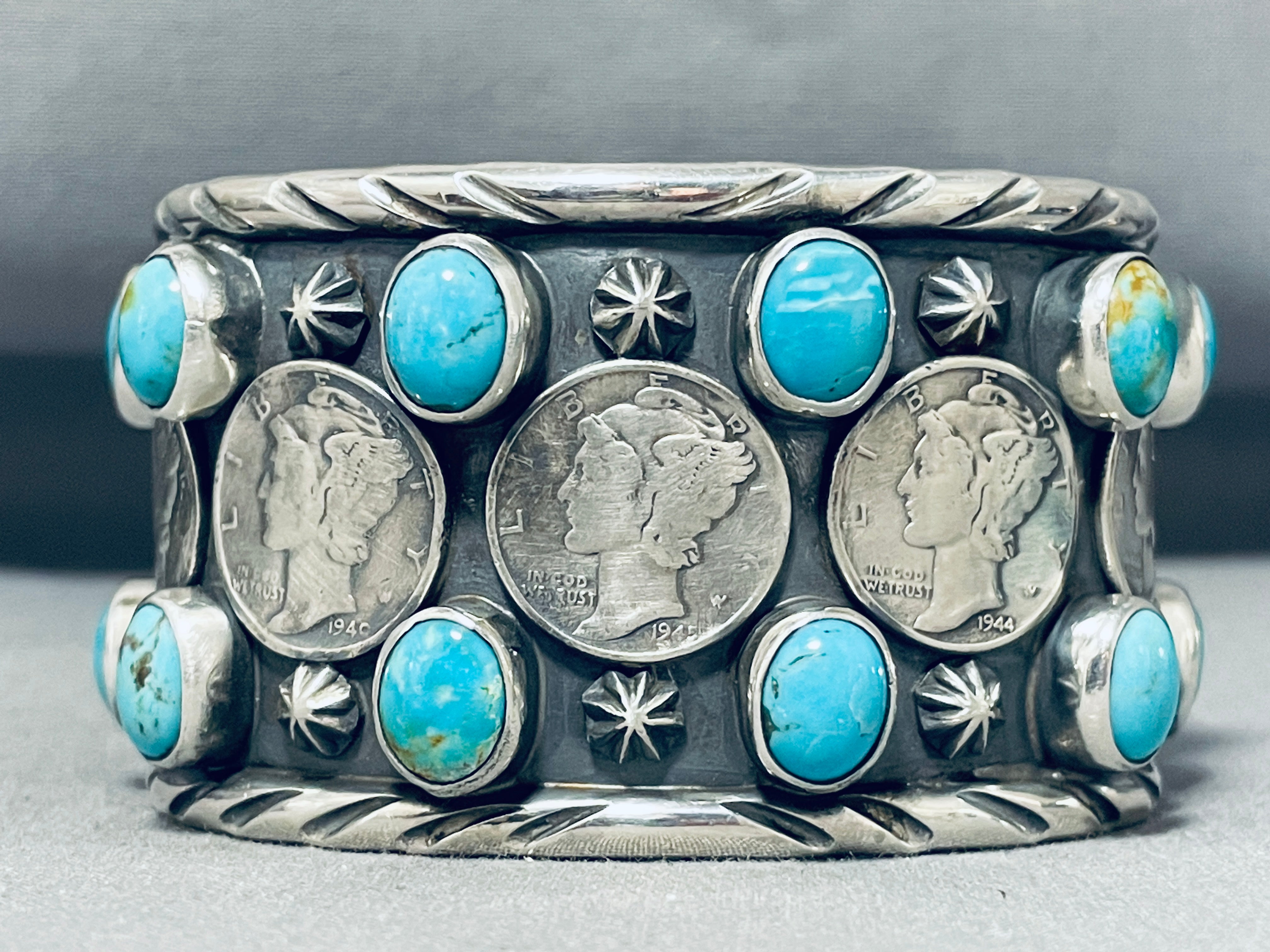102 Gram Heavy San Felipe Turquoise Sterling Silver Coin Bracelet for Women - Handmade Southwest Native American Jewelry - Perfect for Boho Fashion, Gift Giving & Special Occasions