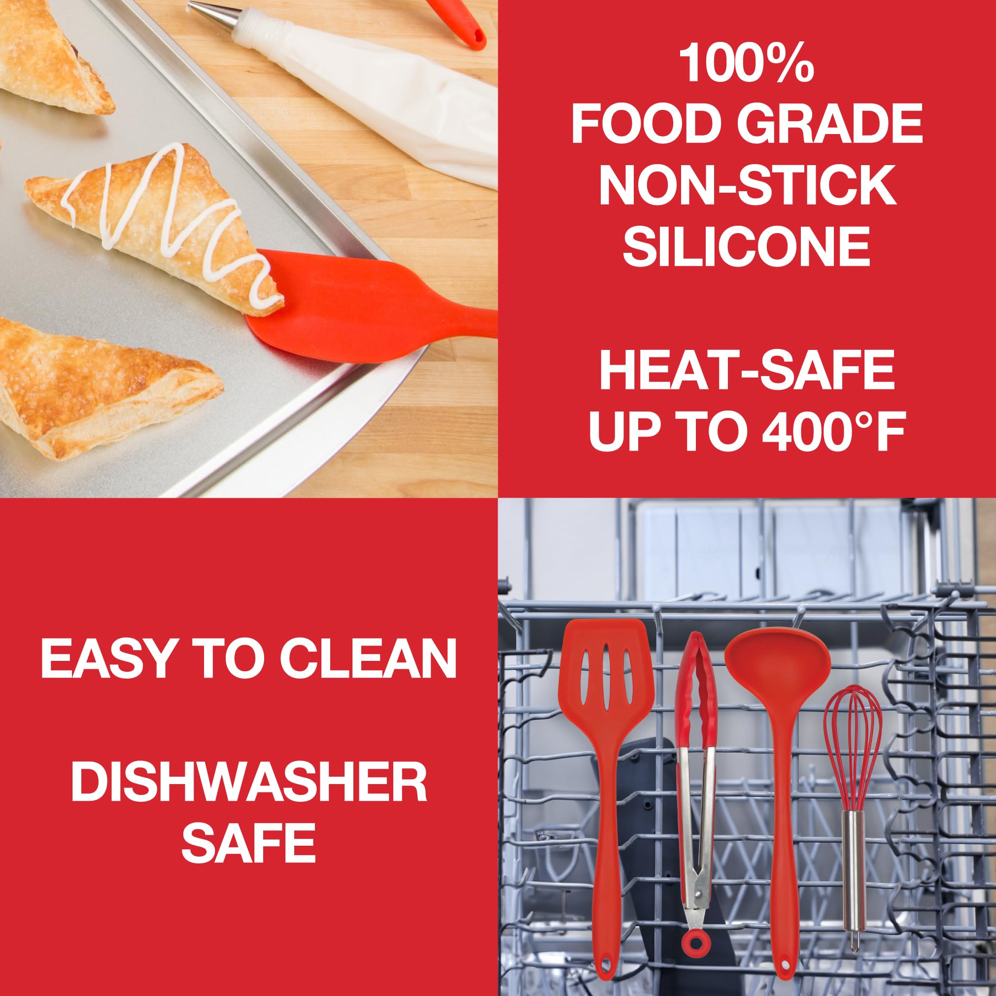Premium 10-Piece Silicone Kitchen Cooking Utensil Set with Bamboo Holder - Non-Stick, Heat Resistant Spatula, Spoon, Slotted Spoon, Tongs, Basting Brush, Whisk & Ladle - Perfect for Baking, Frying & Hosting Gifts