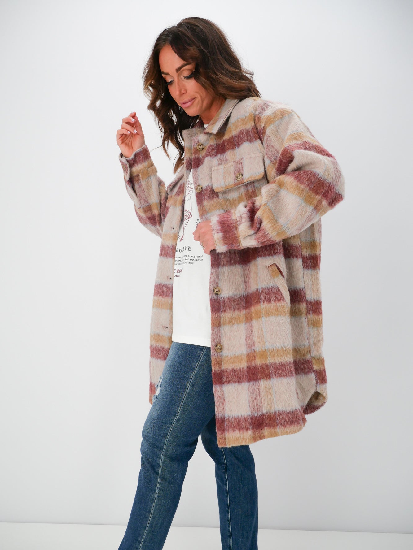 Eve Marlo Women's Longline Shacket - Plaid Checkered Overshirt Jacket for Fall & Winter | Casual Layering, Office Wear & Outdoor Activities