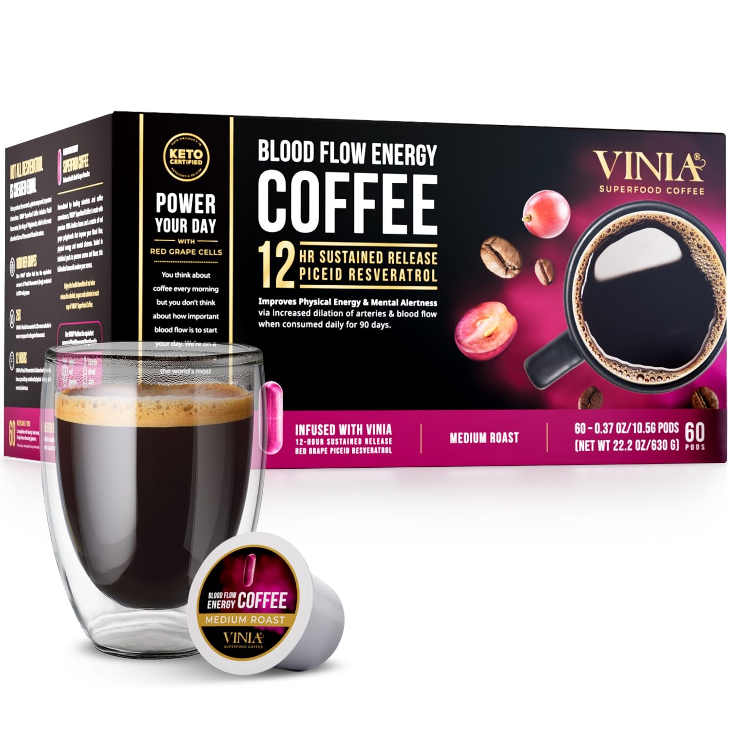 VINIA Blood Flow Energy Coffee Pods - Medium Roast K-Cups with Red Grape Piceid Resveratrol for Physical & Mental Boost | Keurig Compatible Superfood Coffee | Full-Bodied Flavor | 60 Count | Perfect for Morning Energy & Workout Recovery