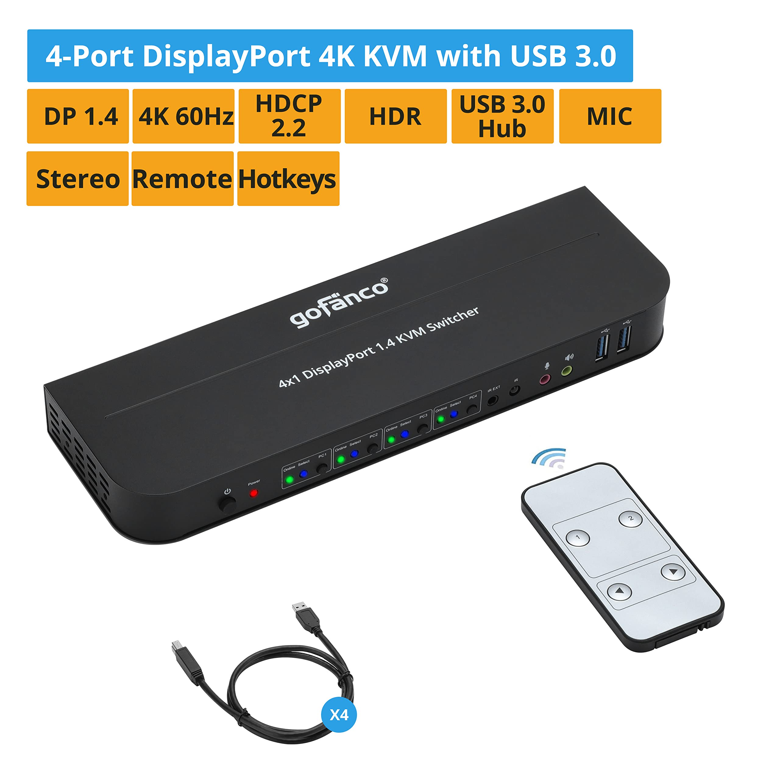 gofanco 4 Port DisplayPort KVM Switch with USB 3.0 Hub - 4K@60Hz HDR, HDCP 2.2, USB Keyboard/Mouse Support, IR Remote - Ideal for Multi-Computer Workstations, Gaming Setups & Home Office Desktops