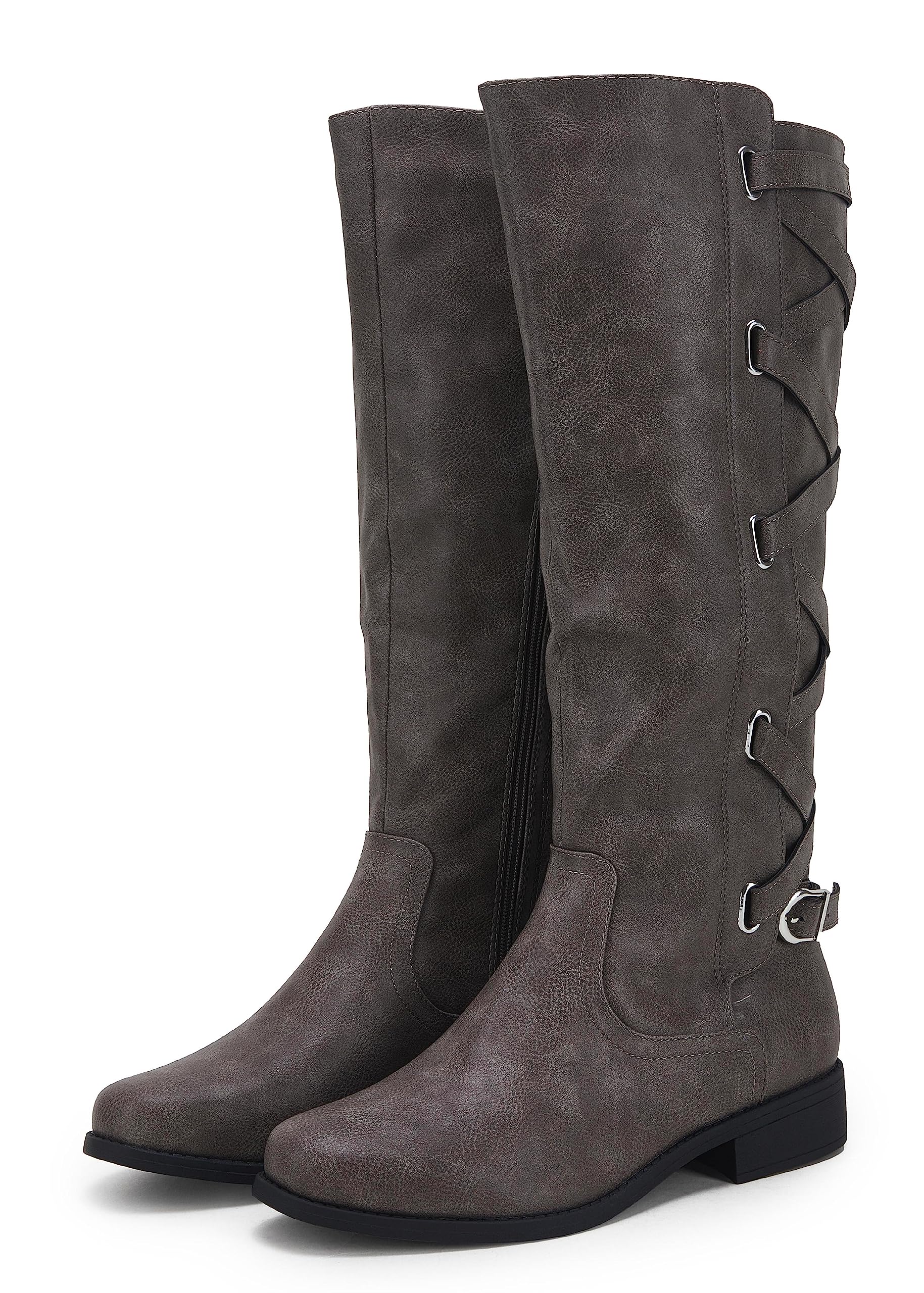 Coutgo Women's Knee High Lace Up Combat Boots - Motorcycle Riding Flat Heel Strappy Winter Boots for Riding, Walking & Fashion Outfits