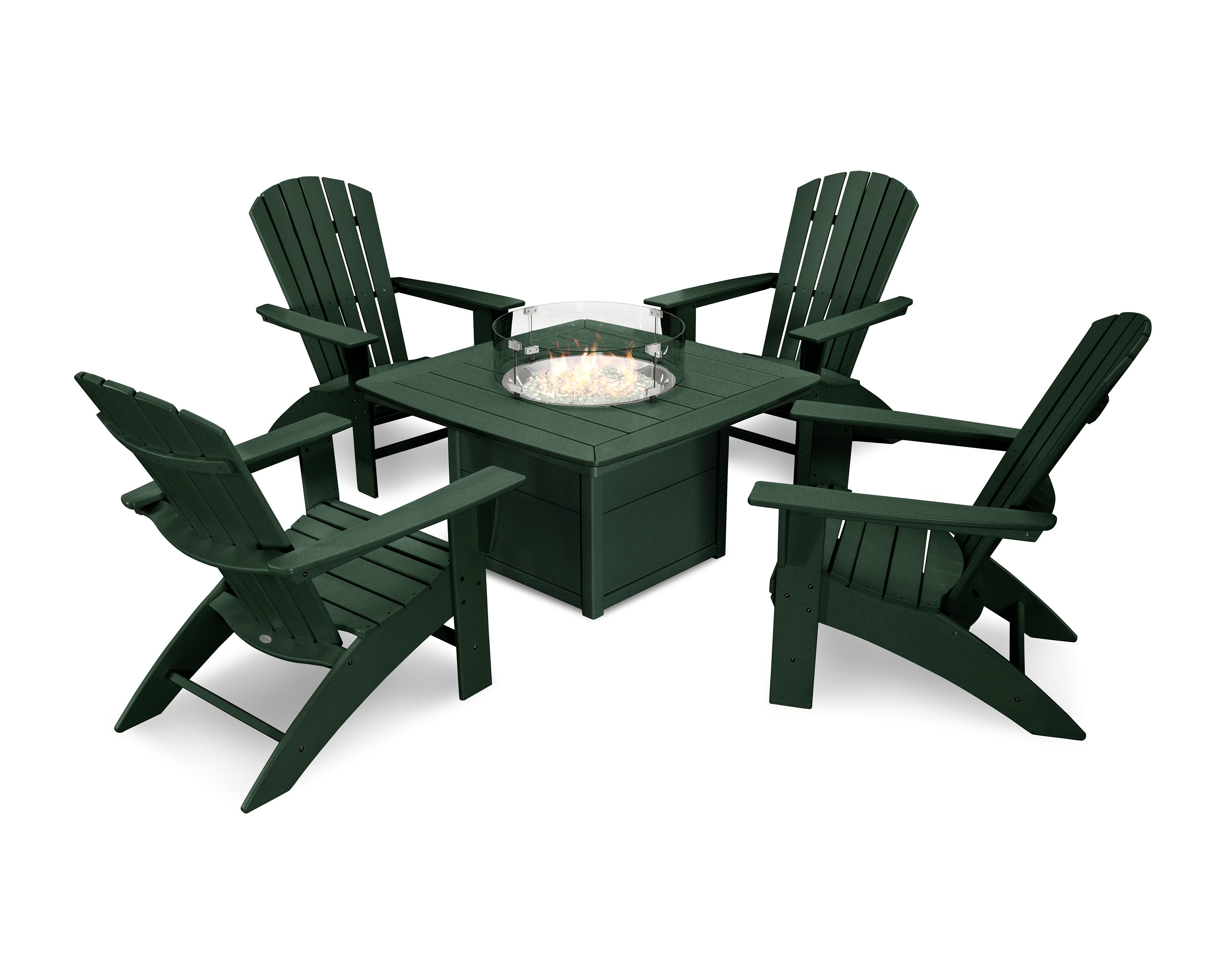 POLYWOOD Nautical Curveback Adirondack 5-Piece Outdoor Conversation Set with Fire Pit Table - Perfect for Patio, Deck, Poolside & Backyard Relaxation