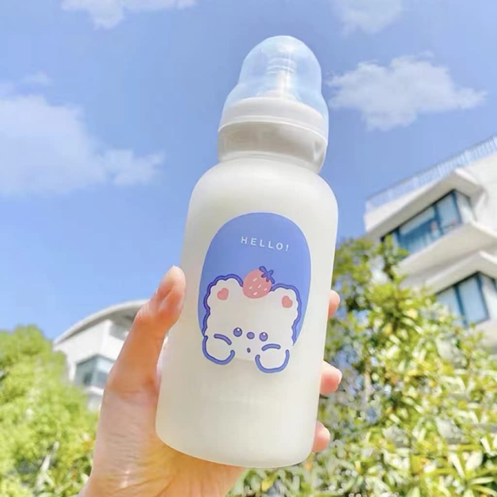Strawberry Bear Glass Water Bottle with Straw Lid - 11oz Cute Kawaii Water Bottle for Women Adults, BPA Free Borosilicate Glass, Portable Drinking Bottle for Office, Gym, Travel, and Outdoor Activities