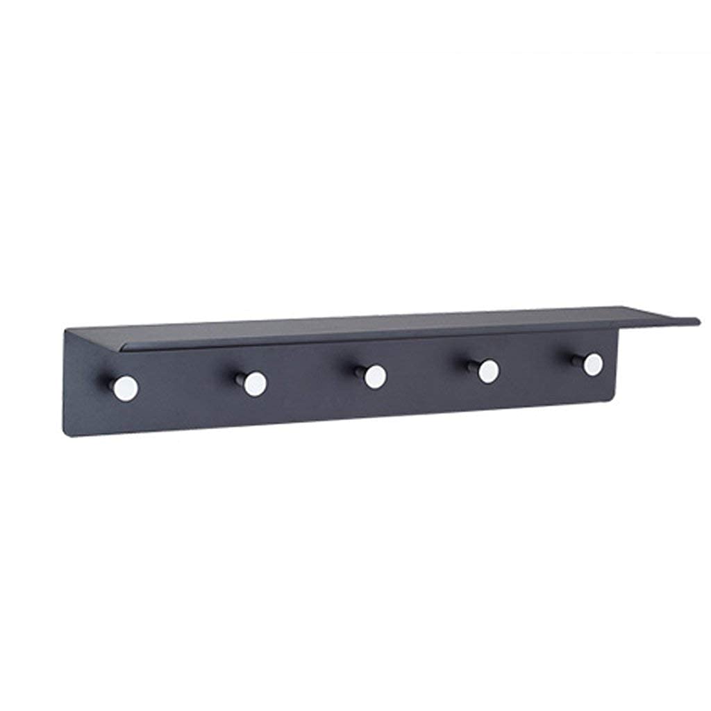 Black Aluminum Wall Mount Shelf with 5 Hooks - Multifunctional Bathroom Organizer for Towels, Robes & Toiletries | Space-Saving Storage Solution