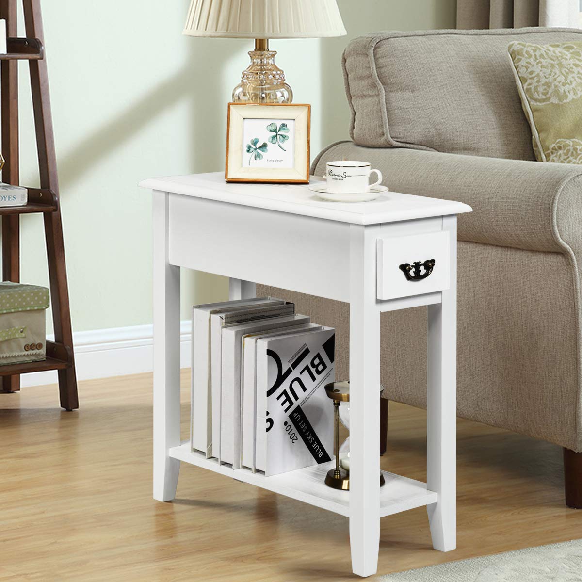 Tangkula Slim Narrow End Table with Drawer & Open Shelf - Small Space-Saving Side Table for Living Room, Bedroom, Nightstand - 9.8 x 23.6 x 23.6 Inches (White) - Perfect for Apartments, Dorms & Tight Spaces