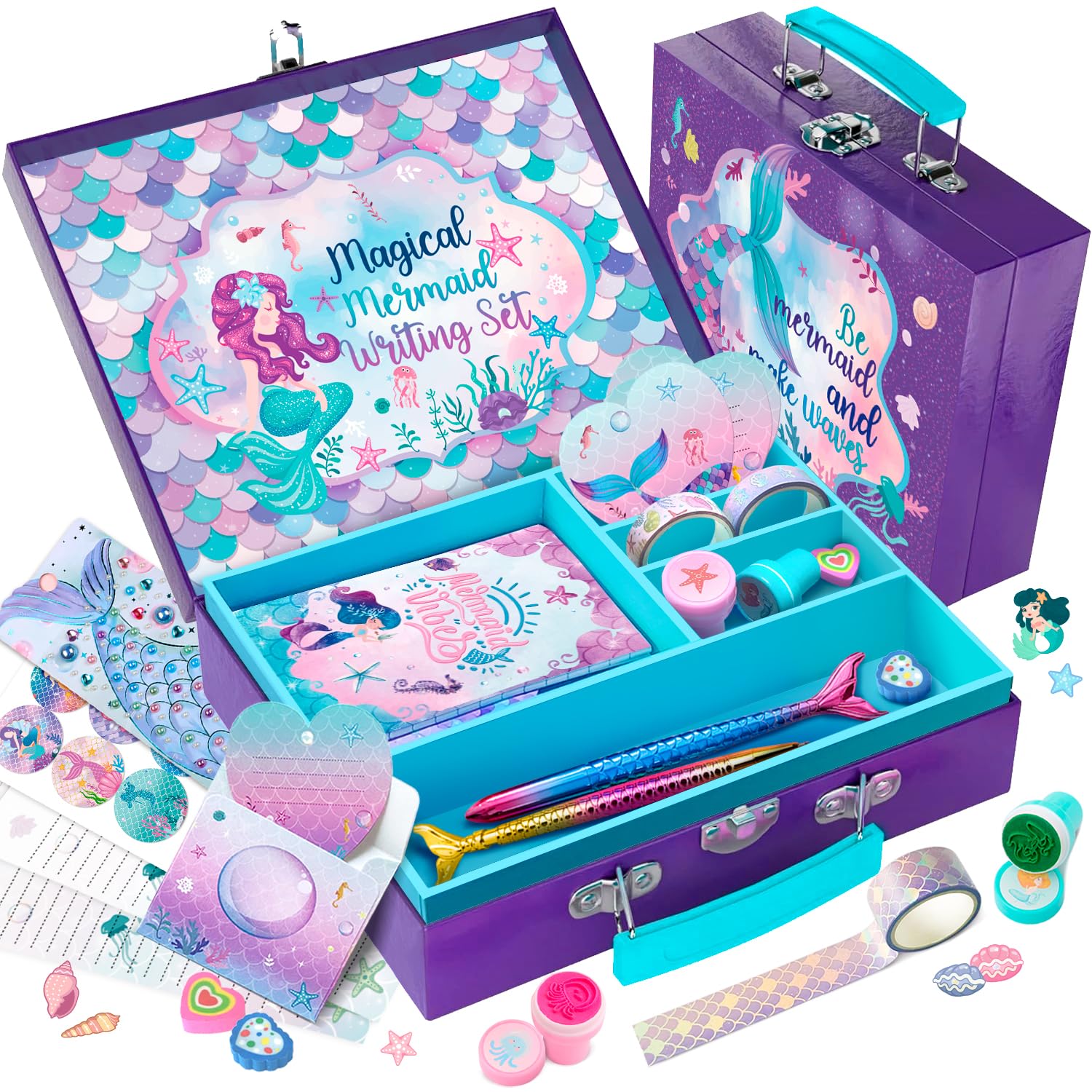 CORALMEE 54-Piece Mermaid Stationery Set for Girls - Art & Letter Writing Kit with Storage Case - Best Birthday Gift for Kids Ages 4-12 - Perfect for School Projects, Creative Writing & DIY Crafts - Great for Preteen Girls' Room Decor & Party Favors
