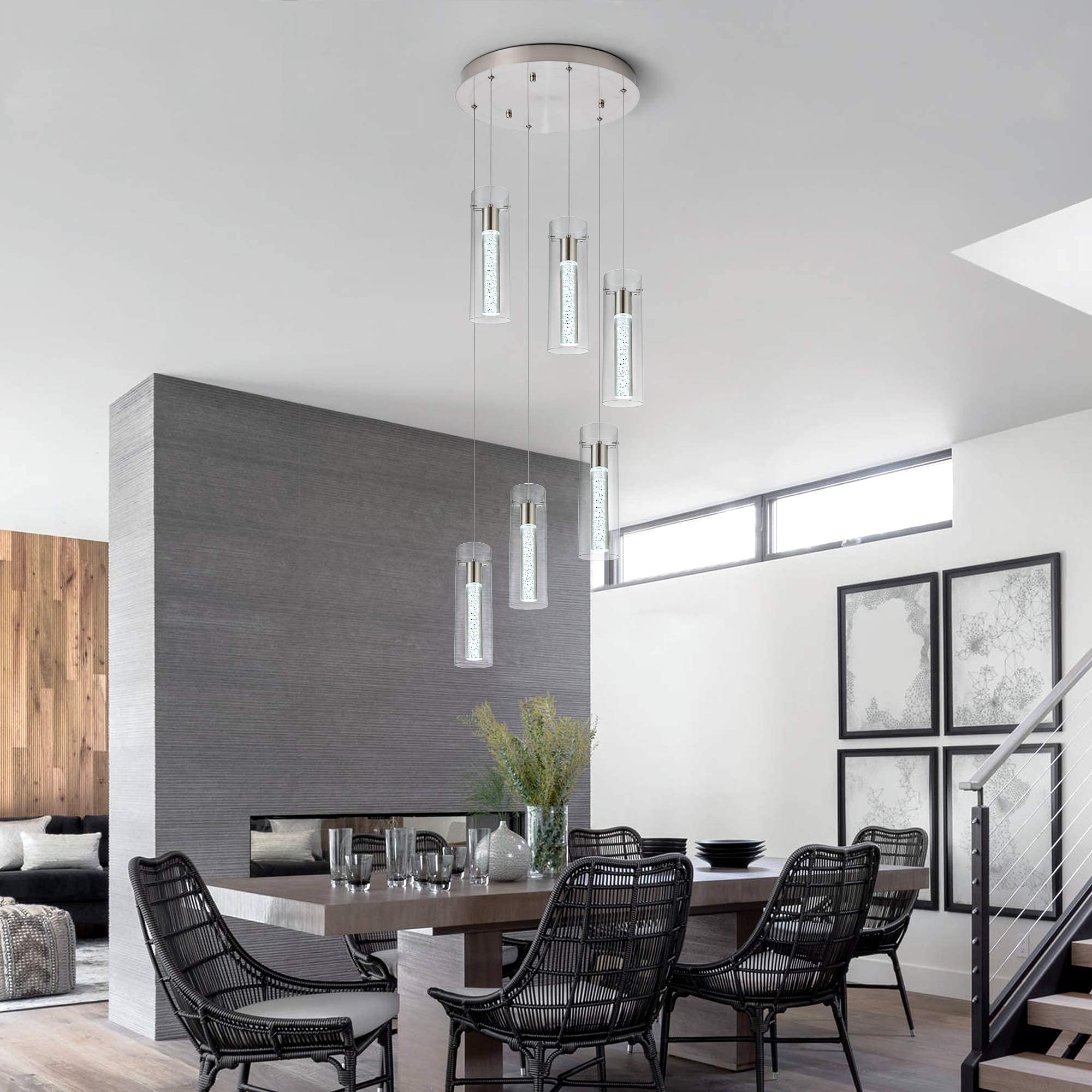 Modern Crystal Bubble Glass Pendant Lights - 6-Light Dimmable LED Kitchen Island Lighting Fixture (48W) for Dining Room, Restaurant & Home Decor - Elegant Ceiling Hanging Lights for Modern Interiors