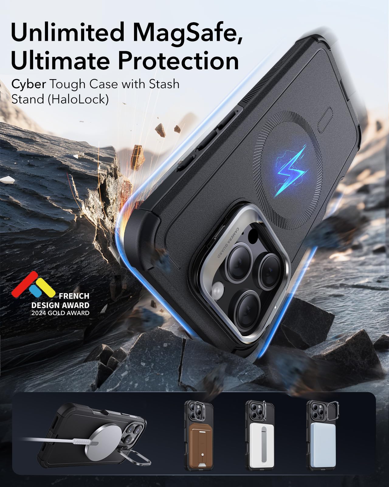 ESR for iPhone 16 Pro Max Case with Stand - 23FT Military-Grade Drop Protection, Heavy Duty Magnetic Phone Cover Compatible with MagSafe Accessories | Cyber Series Black | Perfect for Work, Travel & Outdoor Activities
