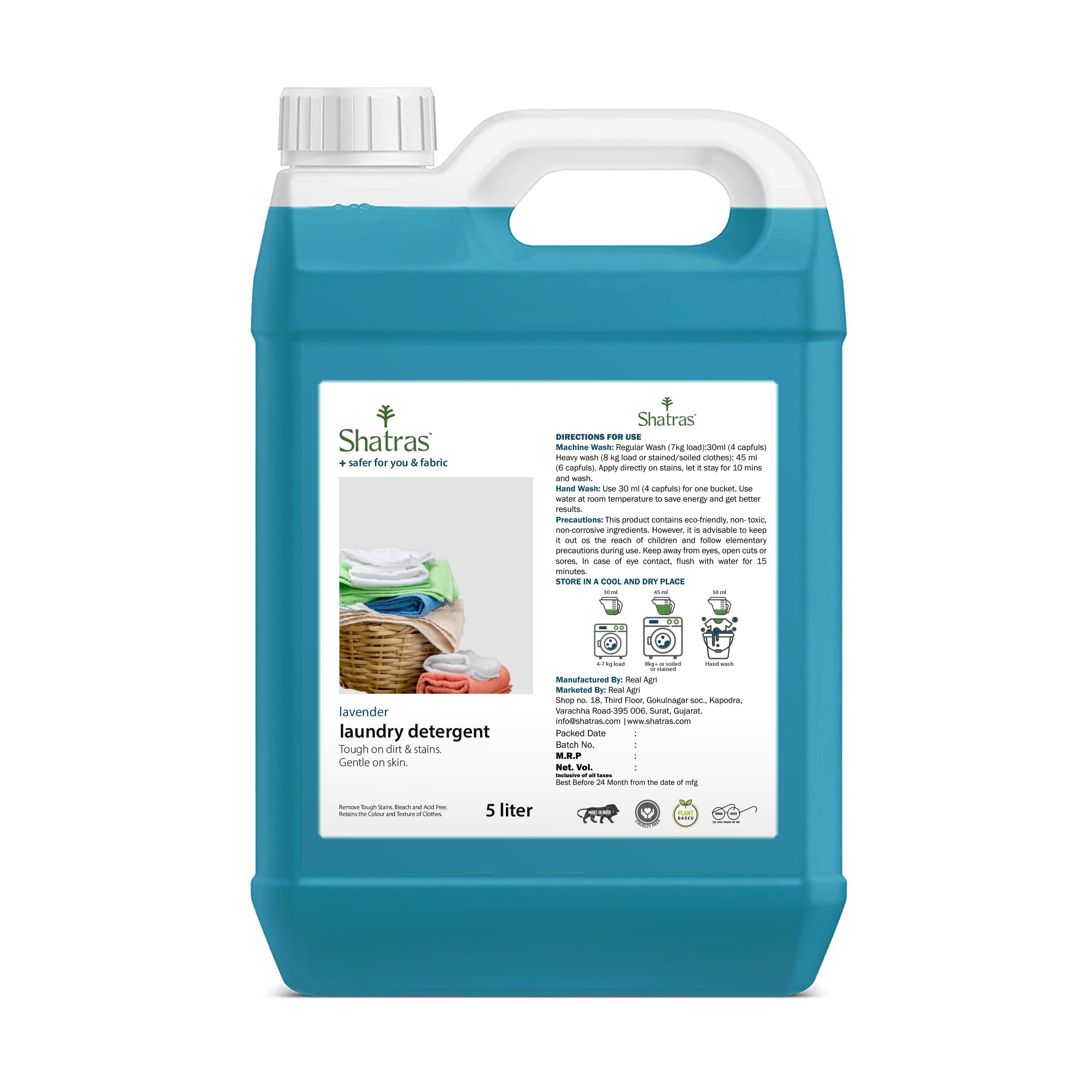 Shatras Eco-Friendly Natural Liquid Laundry Detergent - 5L for Top Load & Front Load Washing Machines, Hand Wash | Gentle on All Fabric Types | Perfect for Families, Baby Clothes & Sensitive Skin