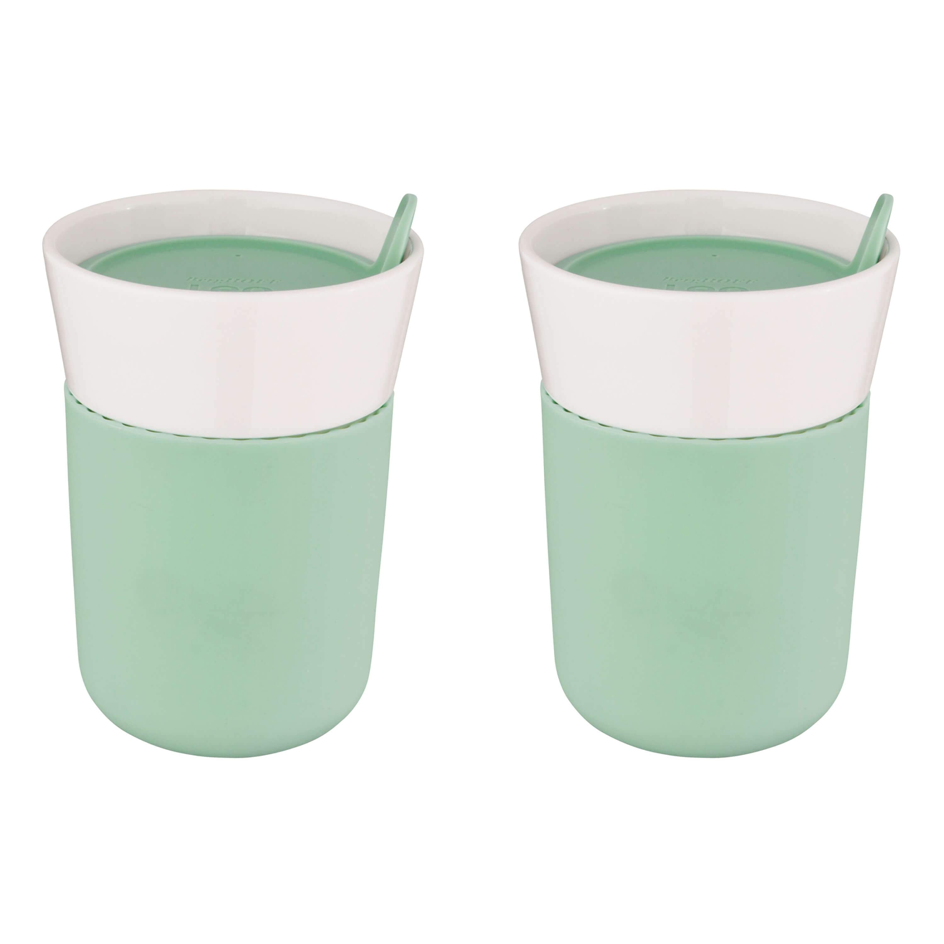 BergHOFF Leo 11.16oz Porcelain Travel Mug with Lid - Insulated Green Coffee Cup Set of 2 - Perfect for Office, Commuting & Outdoor Adventures