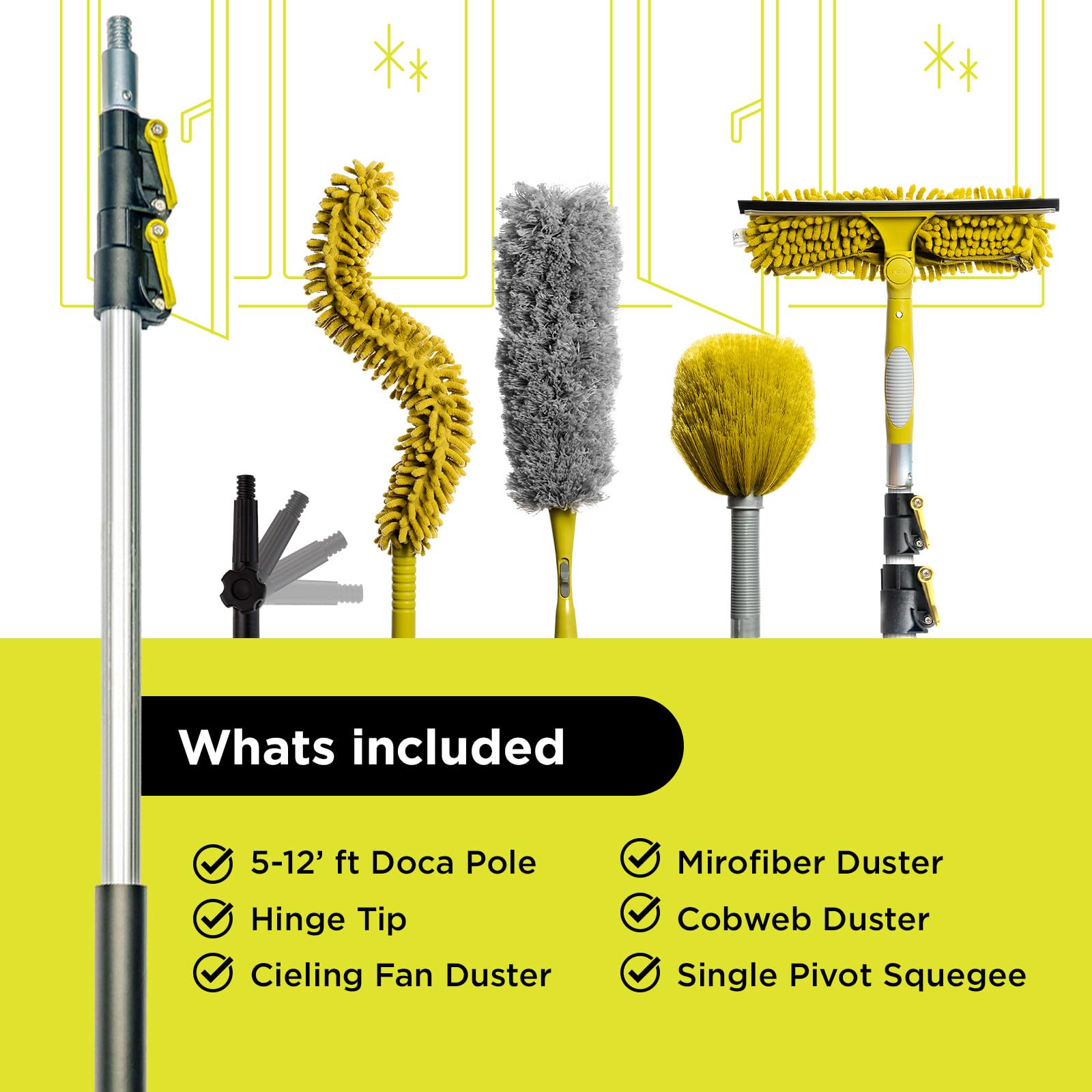 DOCA 5-12 Ft Telescoping Extension Pole - Adjustable Cleaning Pole for Windows, Ceilings & High Surfaces - Compatible with Feather Dusters, Paint Rollers & Squeegees - Indoor & Outdoor Cleaning Tool for Home, Office & Car Wash