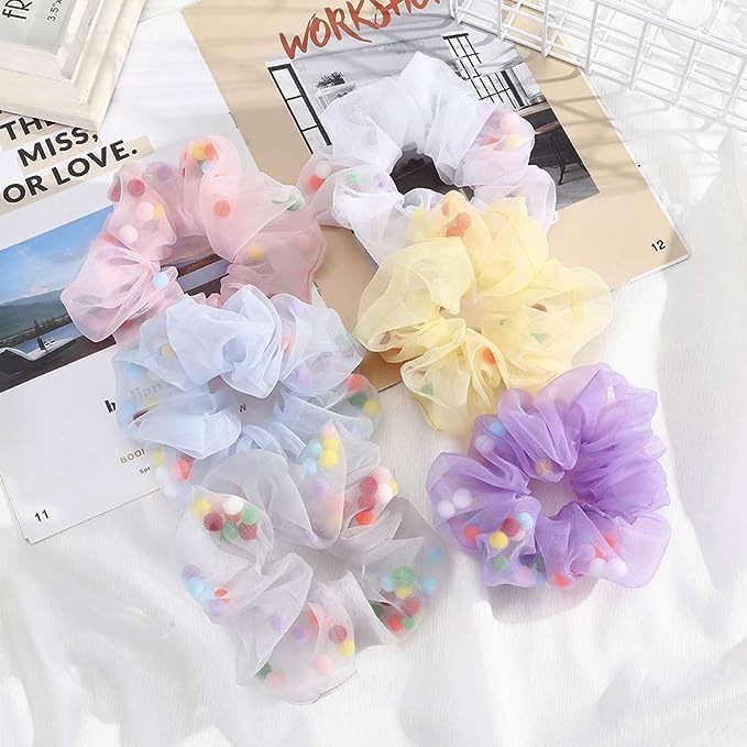 Honbon Soft, Light & Non-Slip Chiffon Scrunchies with Mesh Pom Pom Balls - 12 Pack Colorful Hair Ties for Women & Girls (Thin/Thick Hair) - Perfect for School, Work, Parties & Everyday Styling