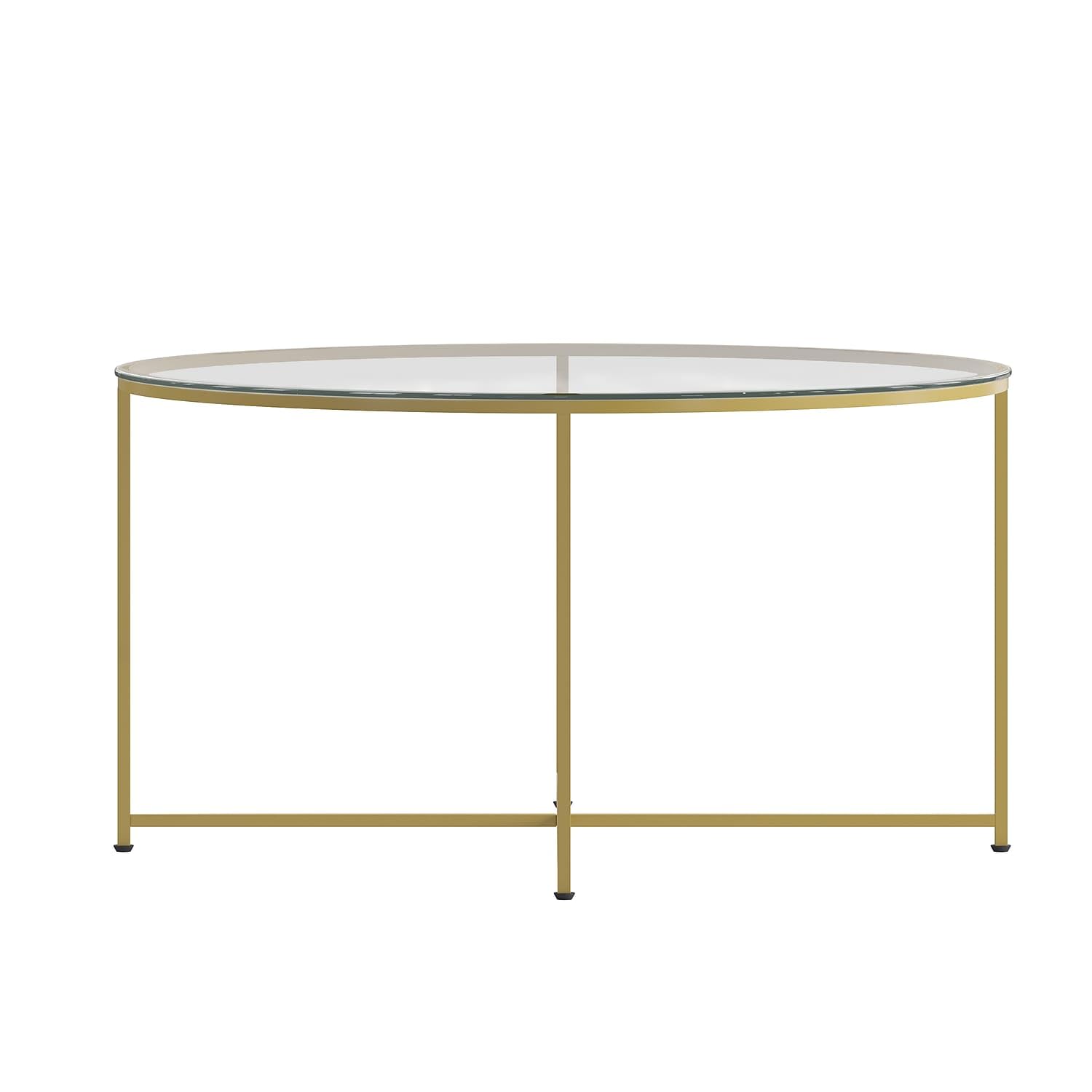 Flash Furniture Greenwich Collection Modern Glass Coffee Table with Brushed Gold Crisscross Frame - Stylish Living Room Centerpiece for Home Decor