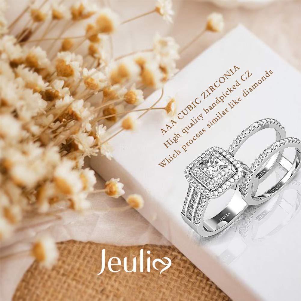 Jeulia 3-Piece Enhancer Ring Set for Women - 925 Sterling Silver Princess Cut Cubic Zirconia Halo Solitaire Engagement, Wedding & Anniversary Rings for Her with Jewelry Box | Perfect for Proposals, Bridal Jewelry & Romantic Gifts
