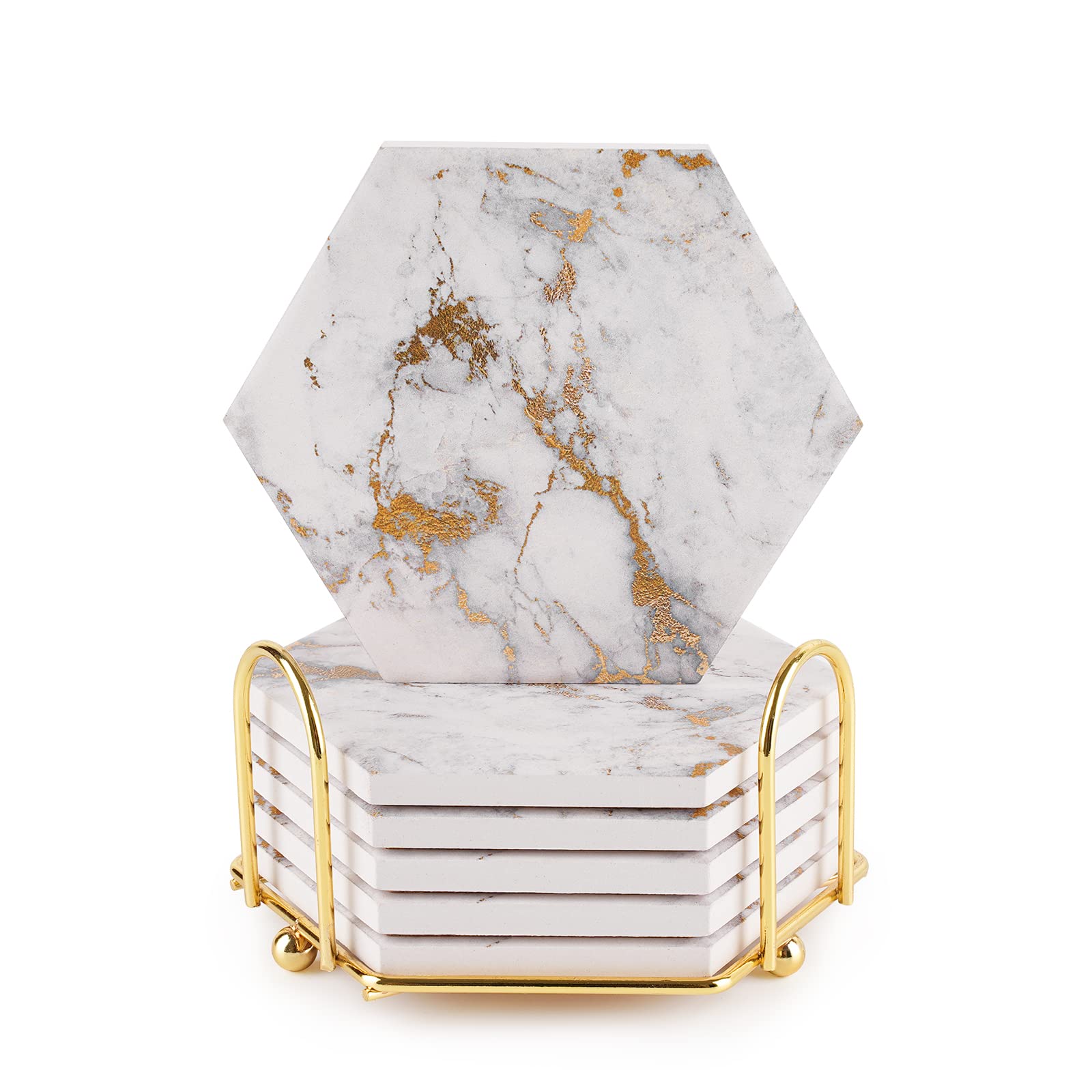 Gold Marble Drink Coasters with Holder - Home Decor & Gift for Coffee Table