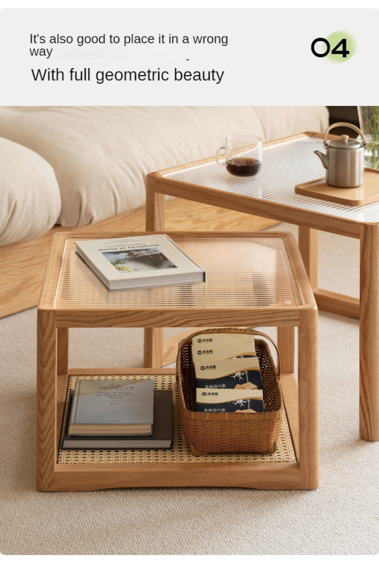 Solid Oak Wood Coffee Table with Glass Top and Rattan Shelf - Perfect for Living Room, Patio, or Outdoor Furniture Decor
