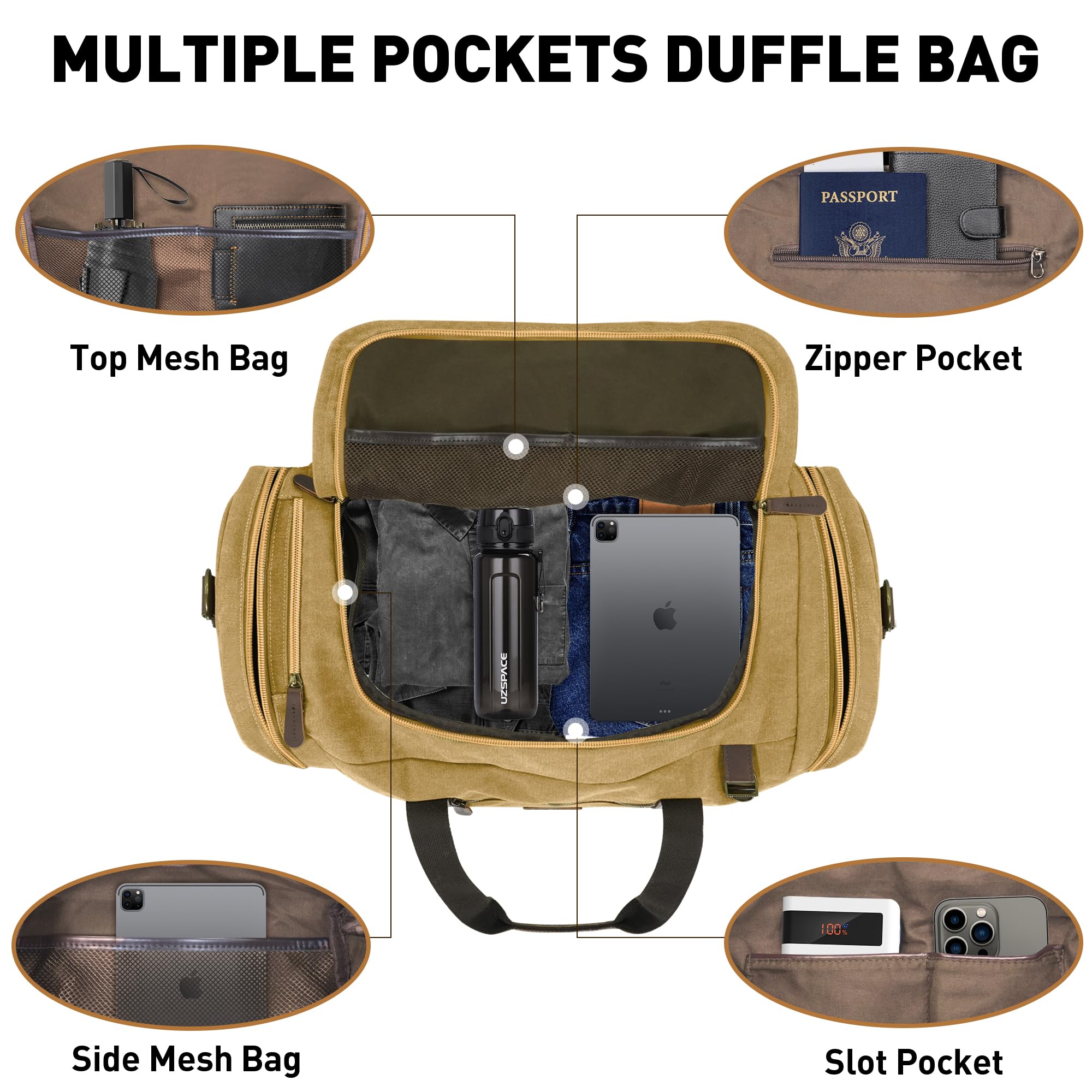 50L Waxed Canvas Duffle Bag for Men - Vintage Genuine Leather Travel Duffel, Weekender Overnight Backpack with Shoes Compartment (Khaki, Large) - Perfect for Gym, Business Trips & Weekend Getaways