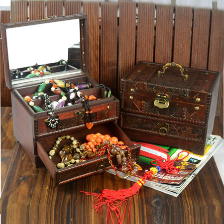 Elegant Wooden Jewelry Box with Mirror - Organize Necklaces, Rings & Earrings - Perfect for Bedroom Vanity & Travel