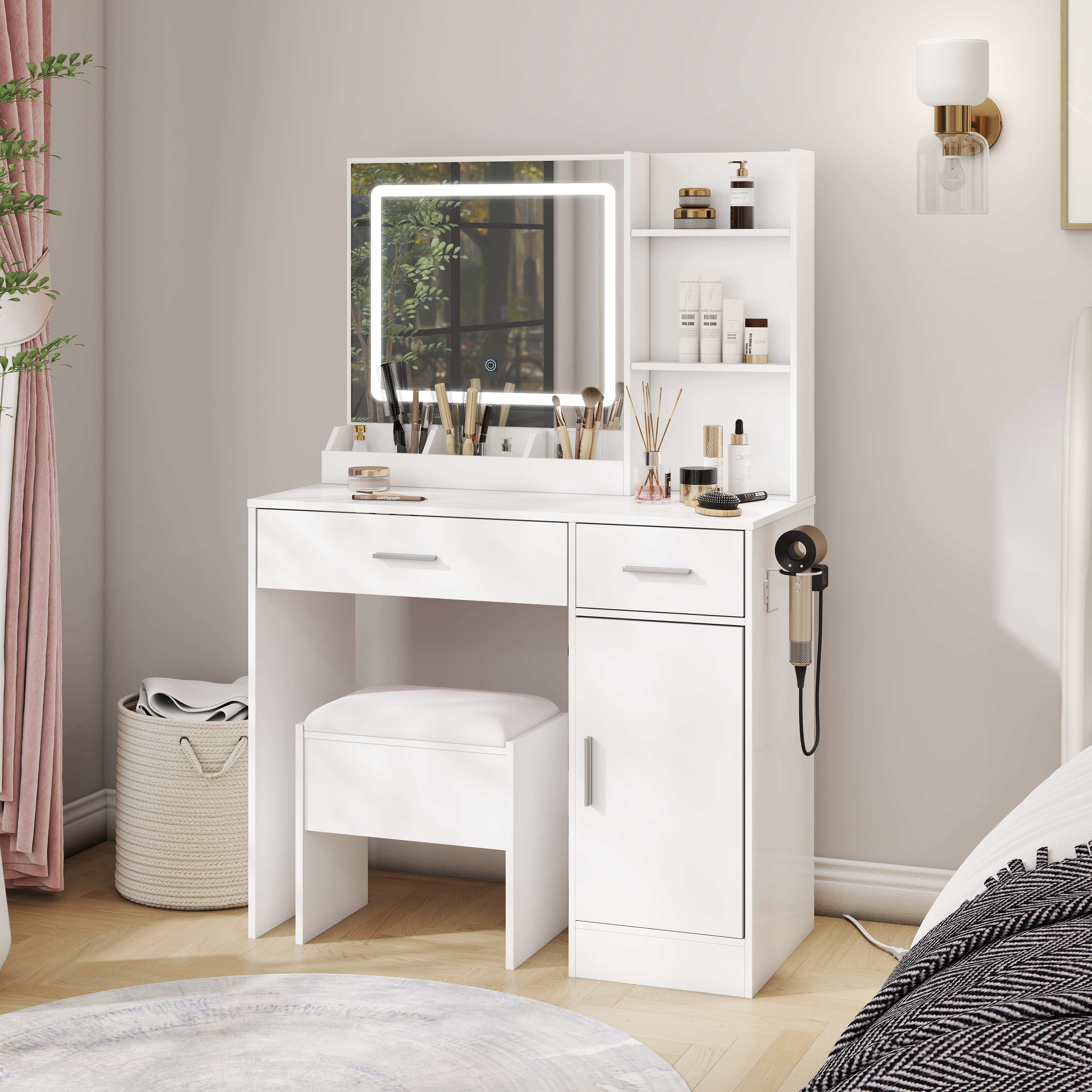 Roundhill Furniture Lavin Makeup Vanity Set with LED Light Mirror & Charging Station - White Vanity Desk & Stool for Bedroom, Dressing Room & Beauty Salon | Modern Makeup Table with Storage & USB Ports