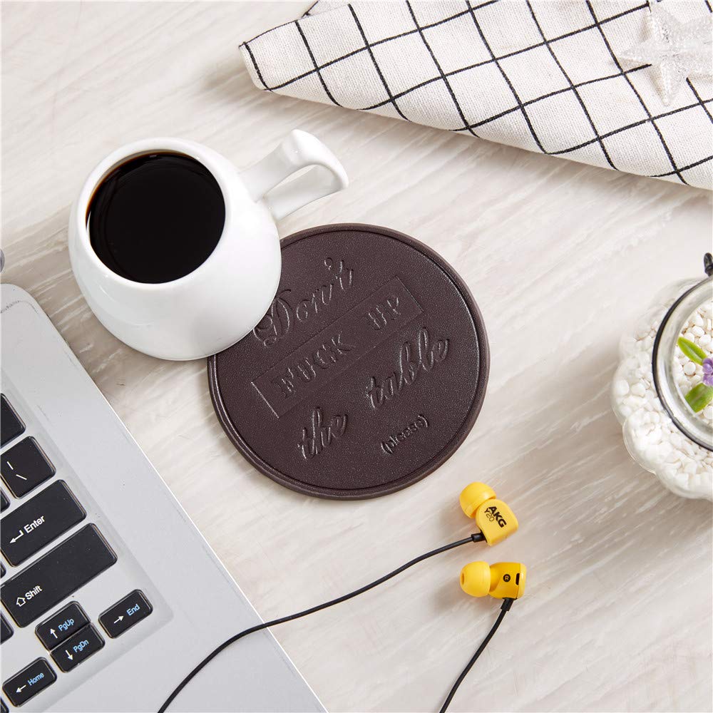 Funny Leather Coasters Set of 6 with Holder - Brown Thipoten Coasters for Drinks, Protect Furniture from Water Marks & Scratches - Perfect for Home, Office, Bar or Party Use