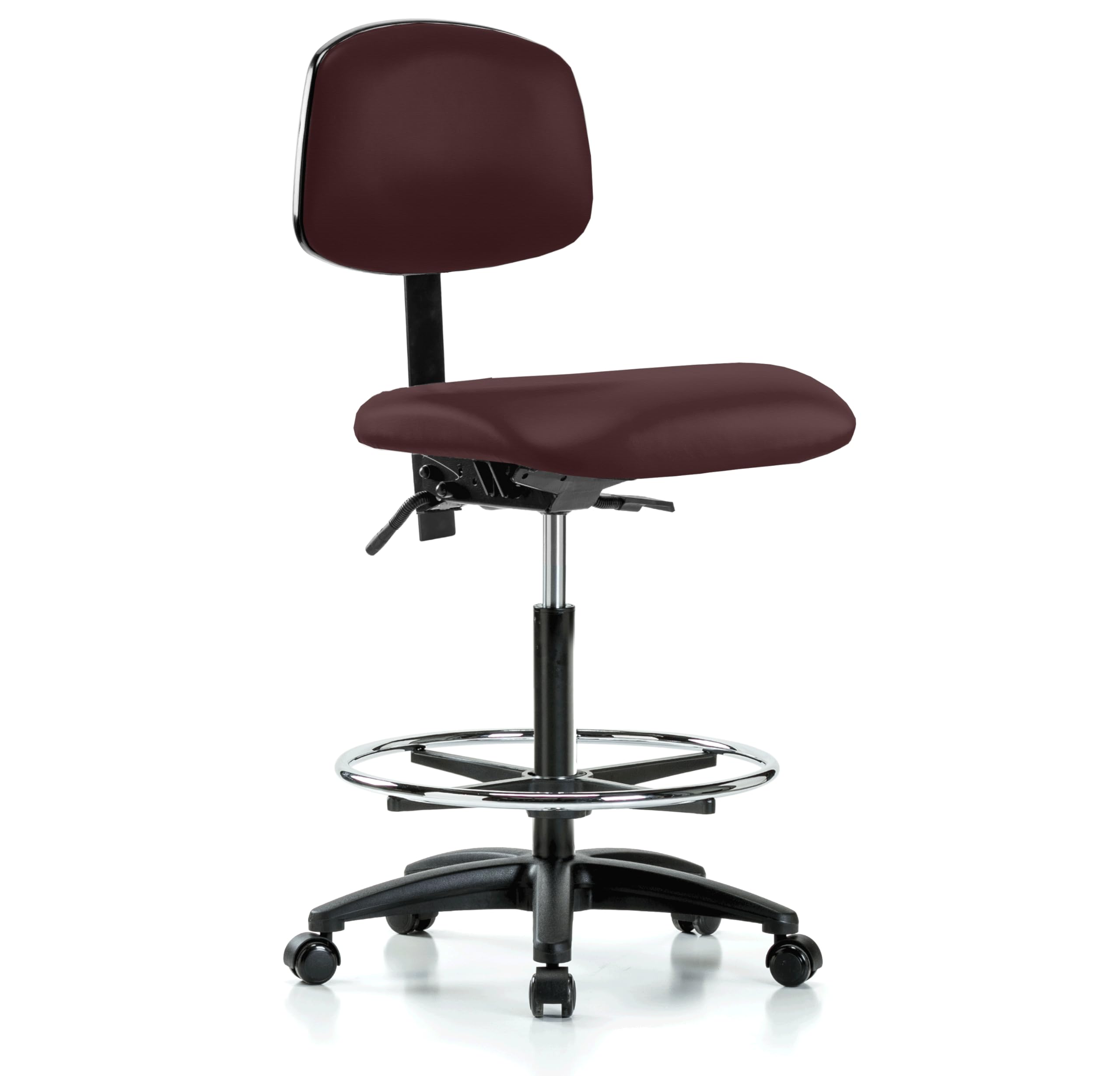 PERCH Adjustable Rolling Lab Chair with Back Support & Foot Ring - Counter Height Bar Stool for Hardwood & Tile Floors - Burgundy Fabric Office Chair for Labs, Kitchens & Home Workspaces