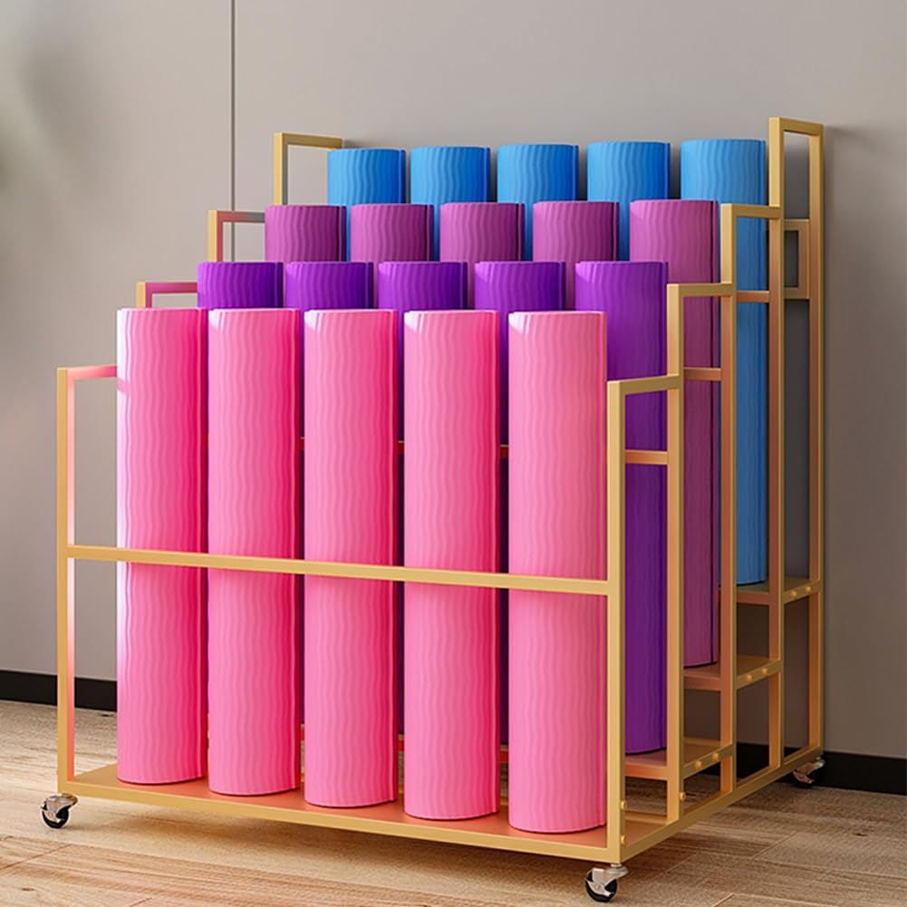Premium Yoga Mat Holder Basket with Wheels - Large Commercial Yoga Mat Storage Cart & Organizer for Foam Rollers - Heavy Duty Rack Holds 30+ Exercise Mats (Black) - Ideal for Gym, Yoga Studio & Home Fitness Storage