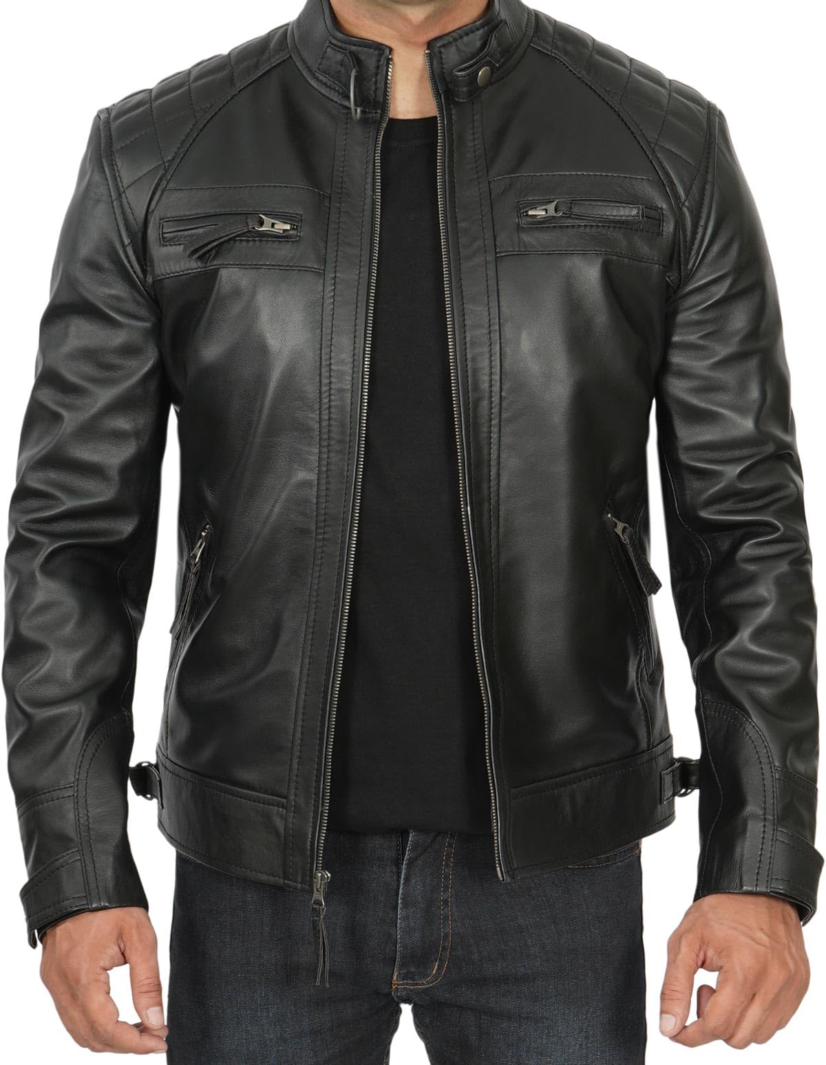 Blingsoul Men's Motorcycle Leather Jacket - Quilted Cafe Racer Biker Jacket for Men | Premium Genuine Leather Riding Gear for Motorcycle Enthusiasts & Urban Fashion