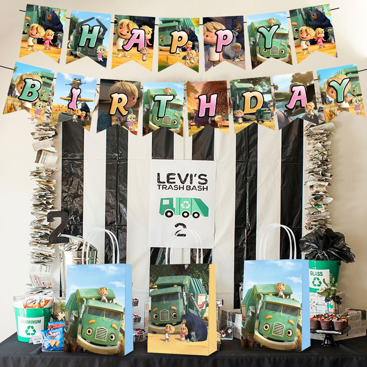 16 Pcs Trash Truck Themed Party Favor Bags with Handles - 2 Styles for Kids Birthday Party Supplies, Goodie Bags for Candy & Gifts - Perfect for Trash Truck Themed Decorations, Boys & Girls Birthday Parties, Baby Showers & School Events