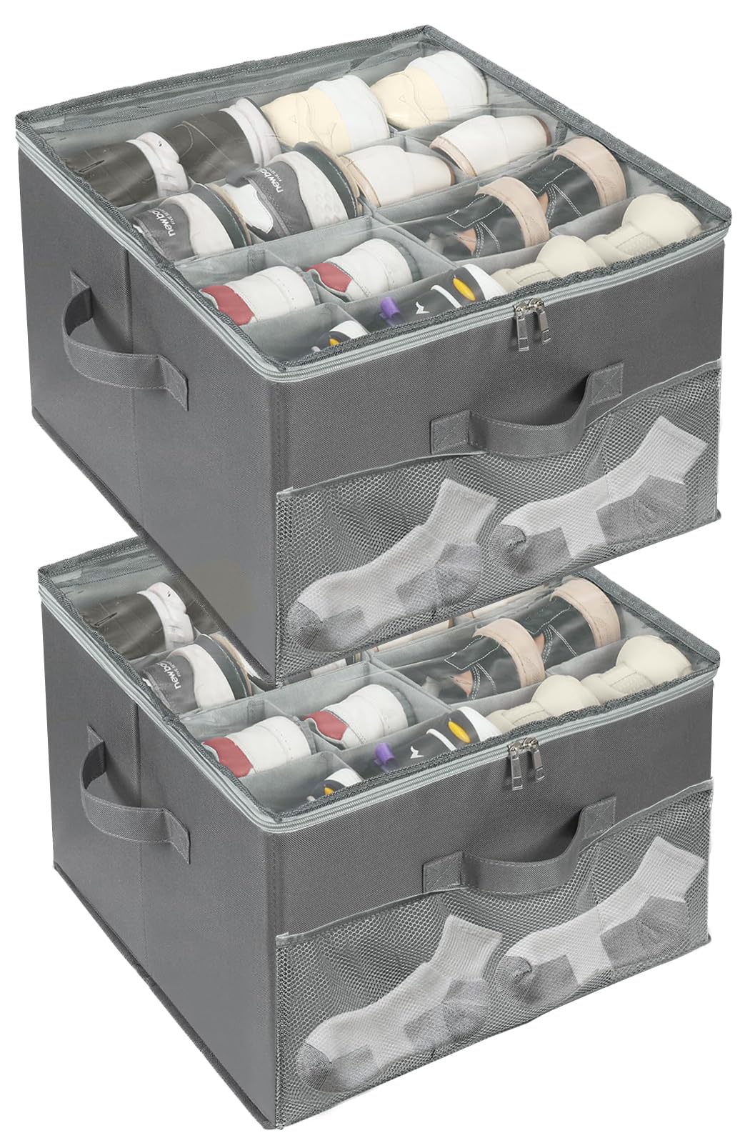 AARAINBOW 2-Pack Fabric Shoe Storage Box with Adjustable Dividers & Clear Cover - Foldable Closet Organizer Holds 32 Pairs (Gray) - Perfect for Bedroom, Closet & Entryway Organization