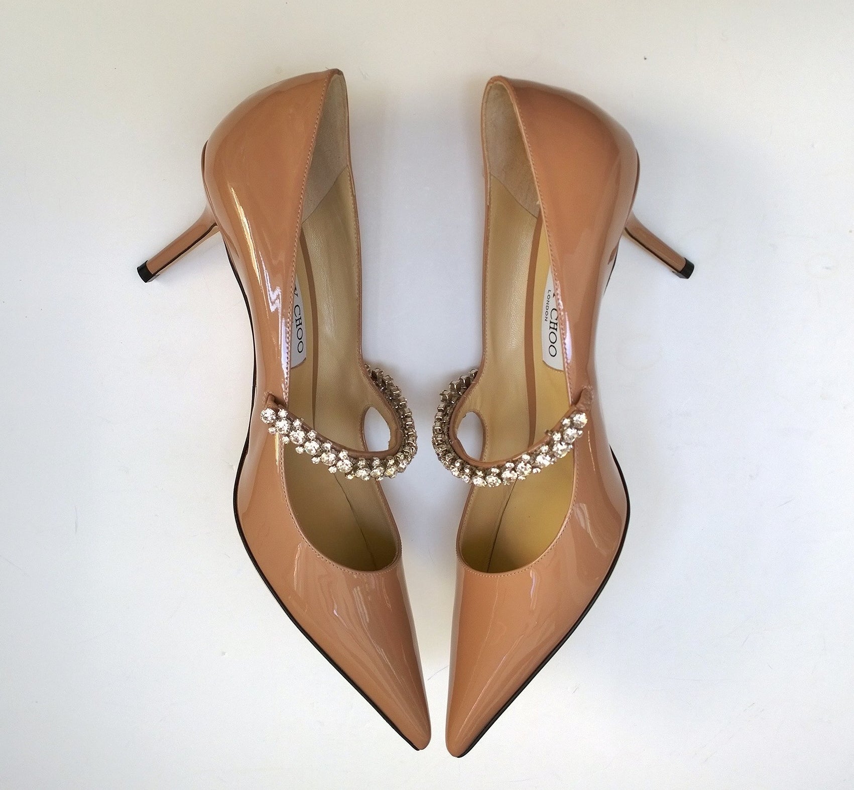 Jimmy Choo Bing 65mm Nude Patent Leather Rhinestone Strap Heels - Women's Luxury High Heel Pumps for Parties, Weddings & Evening Events (New in Box)