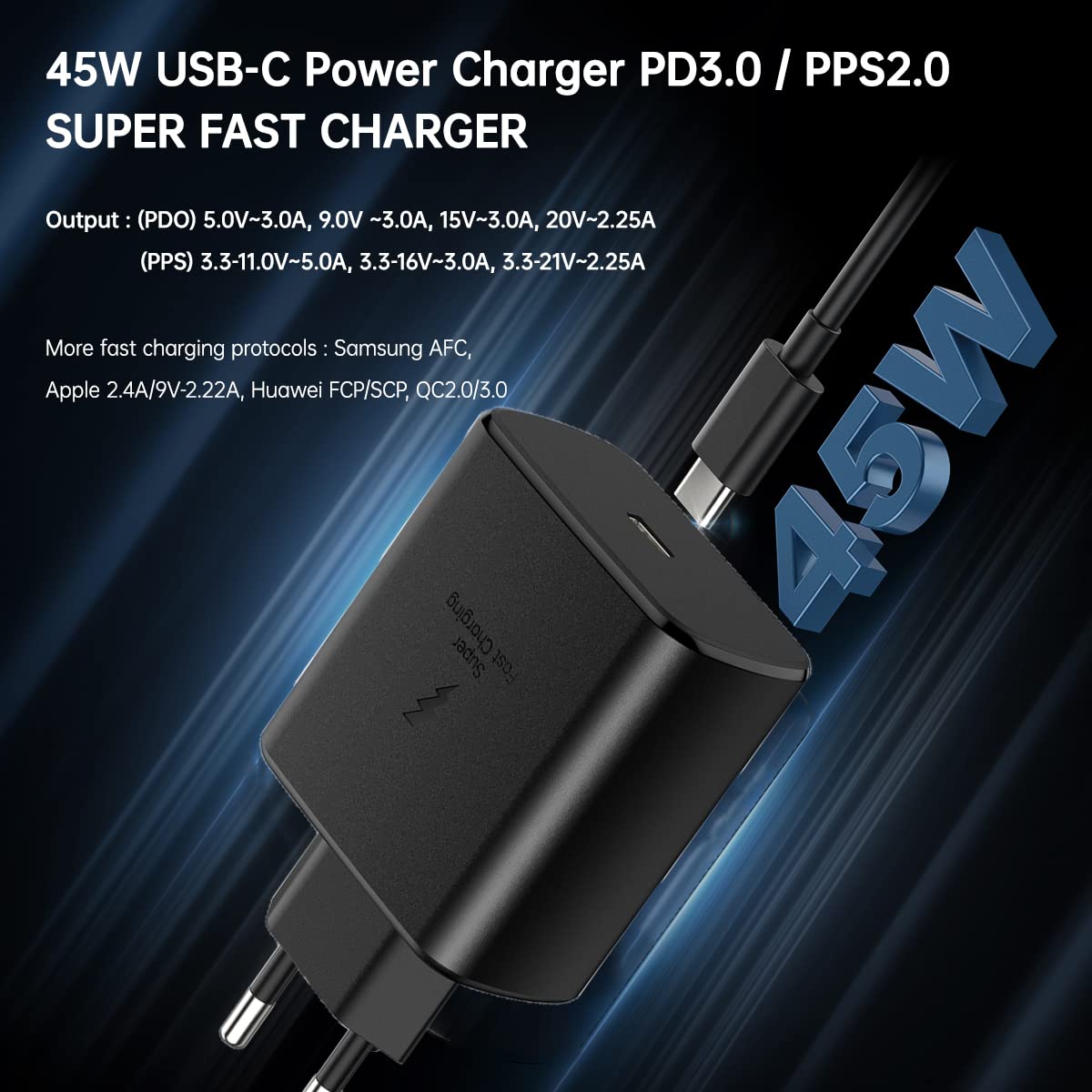 45W EU Super Fast Charger with USB-C PD & PPS - European Travel Plug Adapter for Samsung Galaxy S25/S24/S23/S22 Ultra/Plus, iPhone, MacBook - Compatible in Italy, France, Spain | Fast Charging for Travel, Home & Office Use