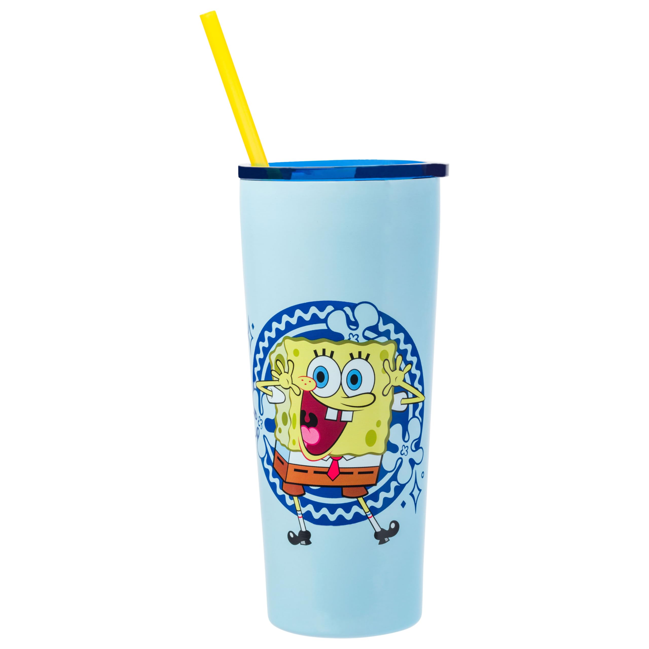 SpongeBob Happy Floral 22oz Stainless Steel Tumbler with Straw - Double Walled Insulated Cup for Hot & Cold Drinks - Perfect for Home, Office, Travel & Gifts